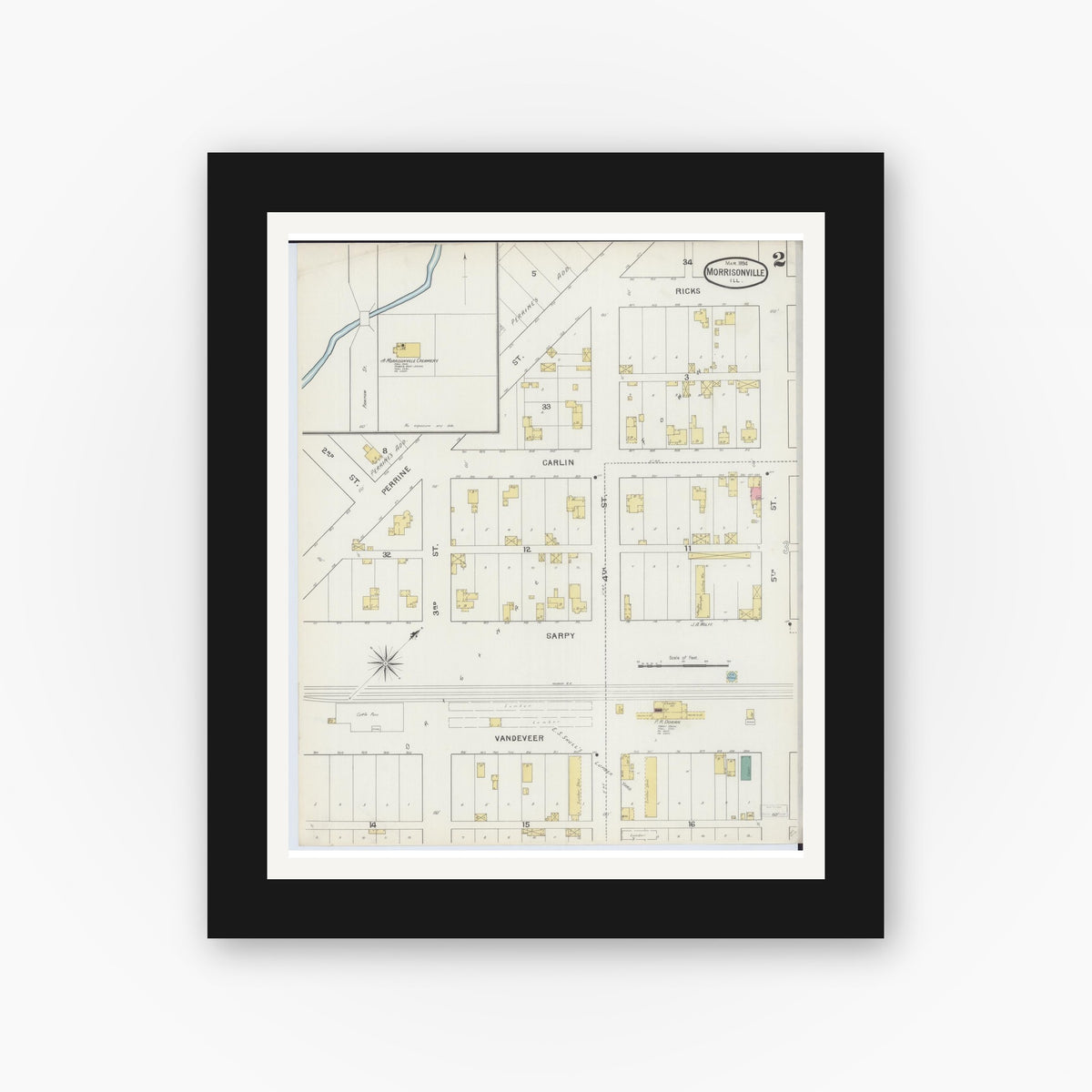Old map wall art mockup — black gallery frame with white mat — Sanborn Fire Insurance Map from Morrisonville, Christian County, Illinois (1894), Sheet #0002