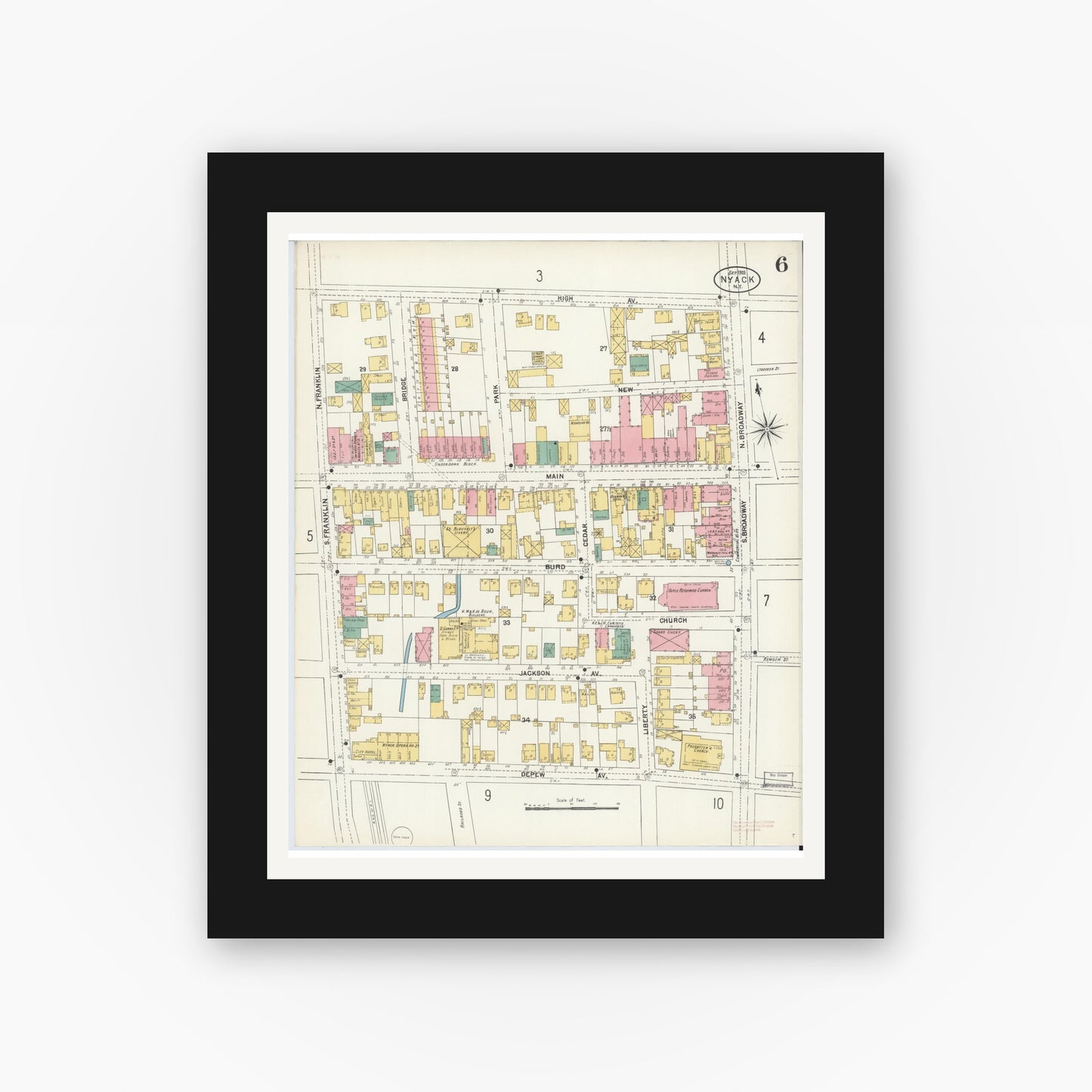 Old map wall art mockup — black gallery frame with white mat — Sanborn Fire Insurance Map from Nyack, Rockland County, New York. (1903), Sheet #0006