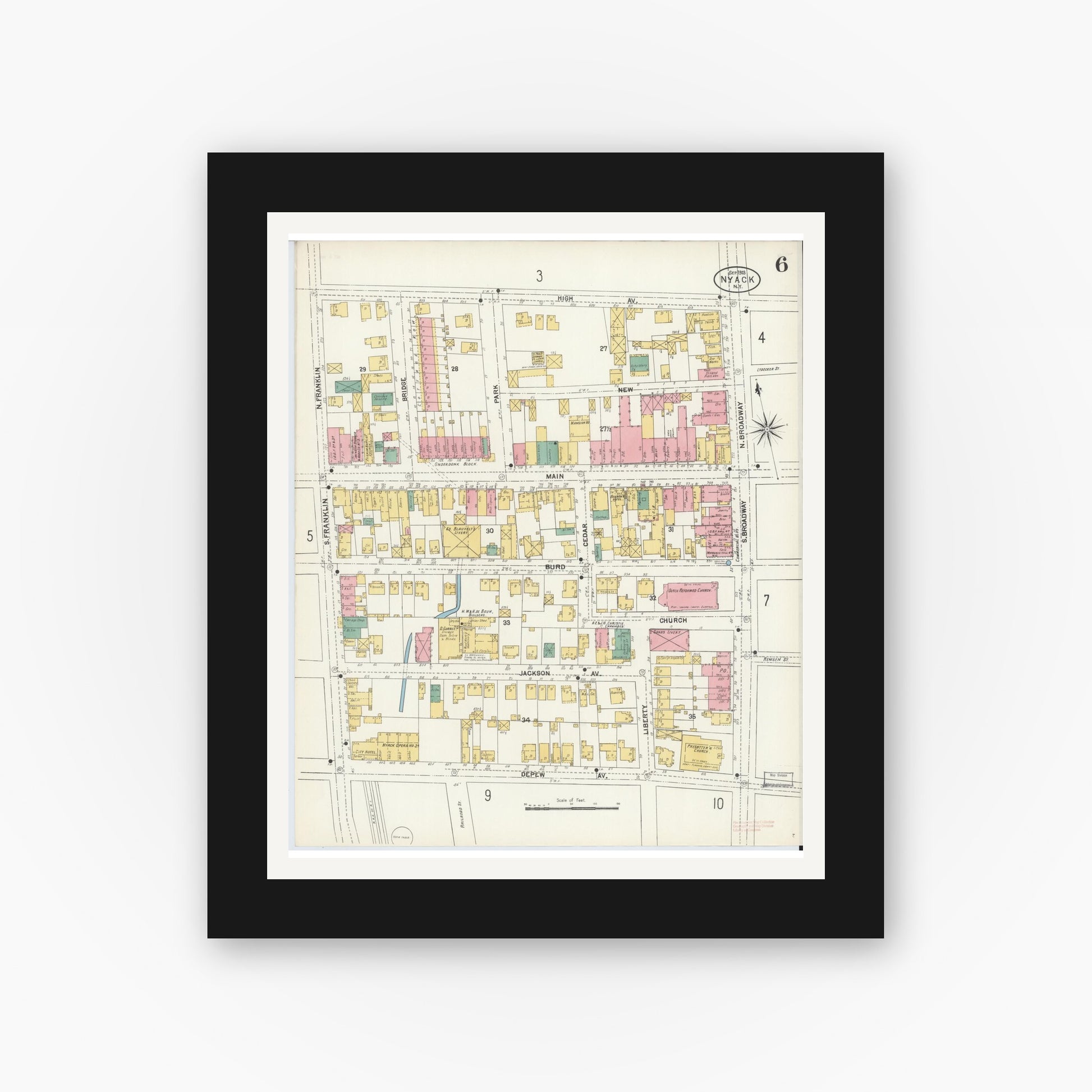 Old map wall art mockup — black gallery frame with white mat — Sanborn Fire Insurance Map from Nyack, Rockland County, New York. (1903), Sheet #0006