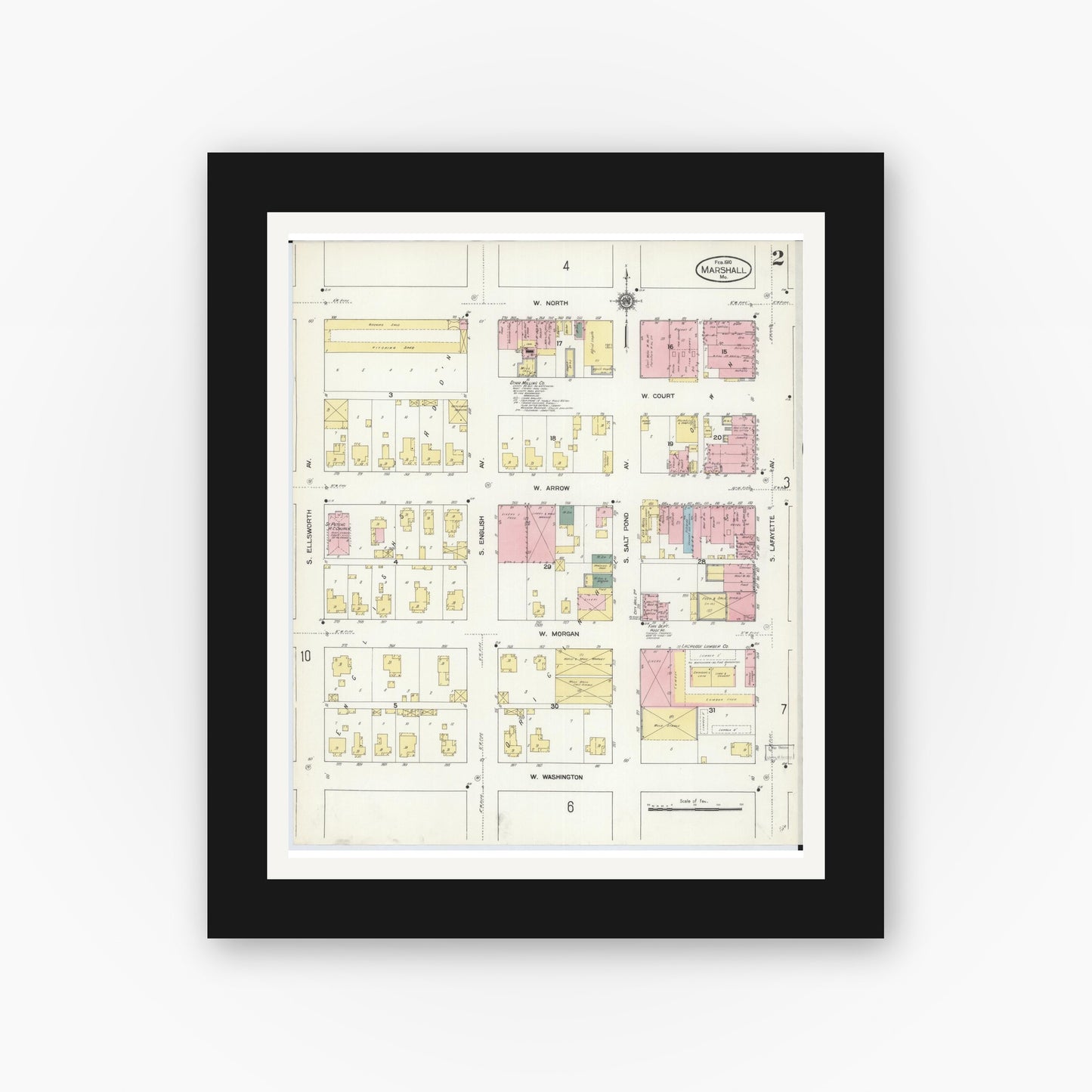 Old map wall art mockup — black gallery frame with white mat — Sanborn Fire Insurance Map from Marshall, Saline County, Missouri (1910), Sheet #0002