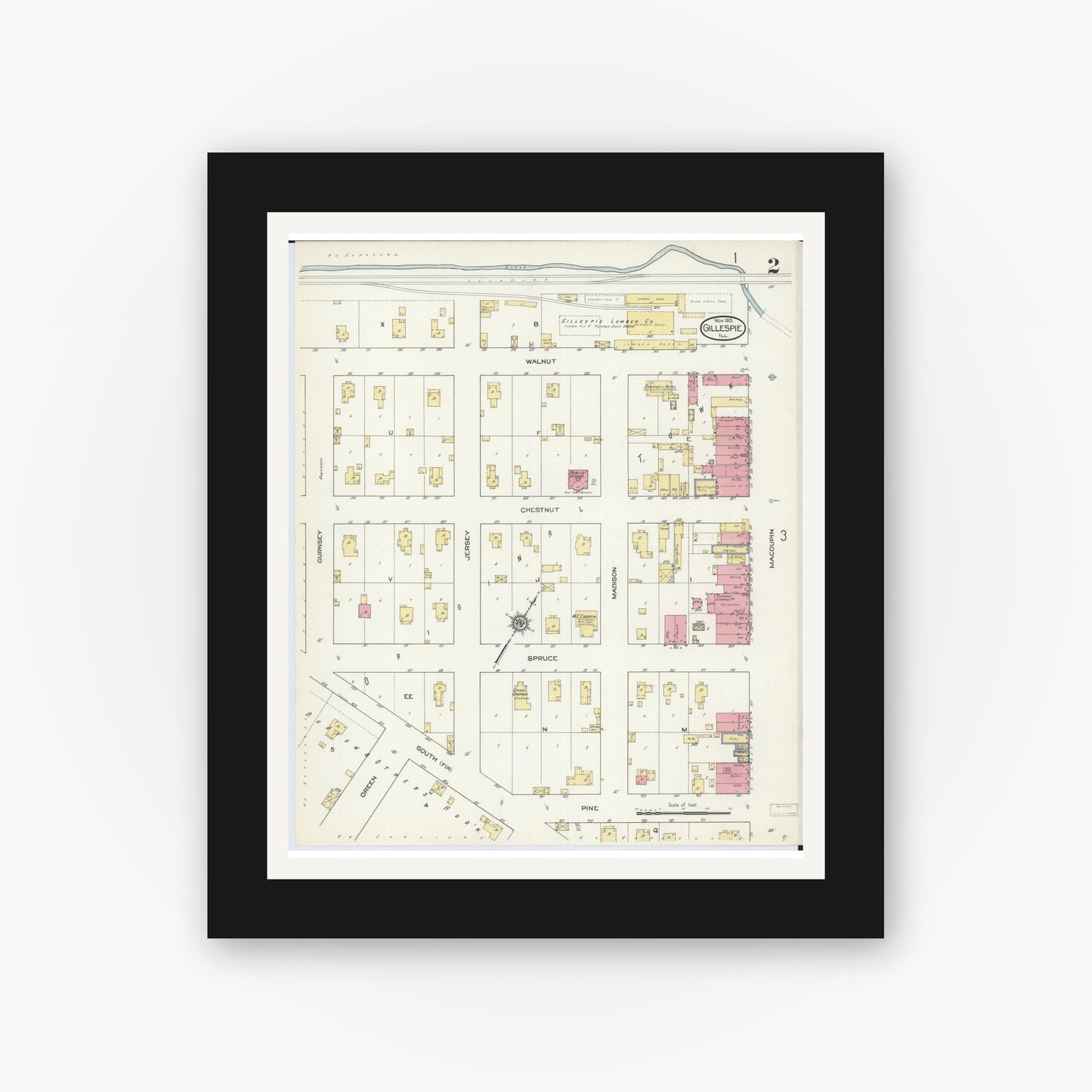 Old map wall art mockup — black gallery frame with white mat — Sanborn Fire Insurance Map from Gillespie, Macoupin County, Illinois (1913), Sheet #0002