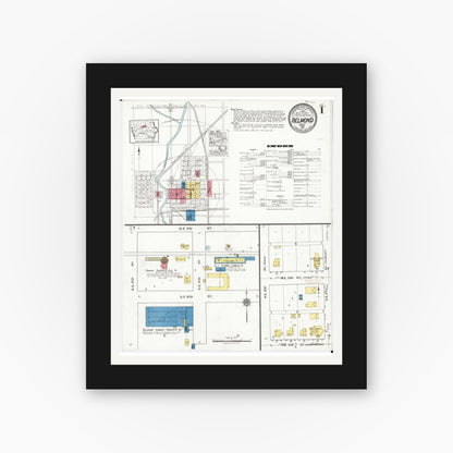 Old map wall art mockup — black gallery frame with white mat — Sanborn Fire Insurance Map from Belmond, Wright County, Iowa (1921), Sheet #0001