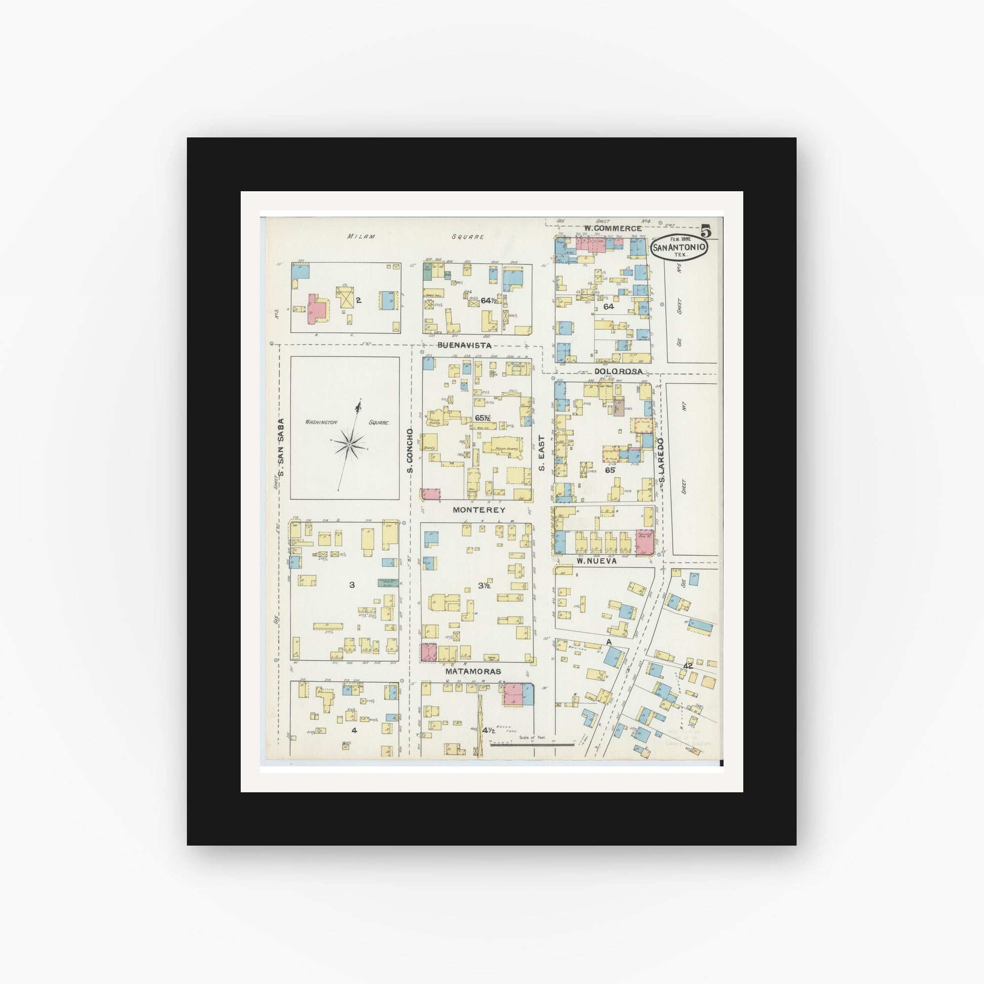 Old map wall art mockup — black gallery frame with white mat — Sanborn Fire Insurance Map from San Antonio, Bexar County, Texas (1892), Sheet #0005