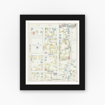 Old map wall art mockup — black gallery frame with white mat — Sanborn Fire Insurance Map from San Antonio, Bexar County, Texas (1892), Sheet #0005