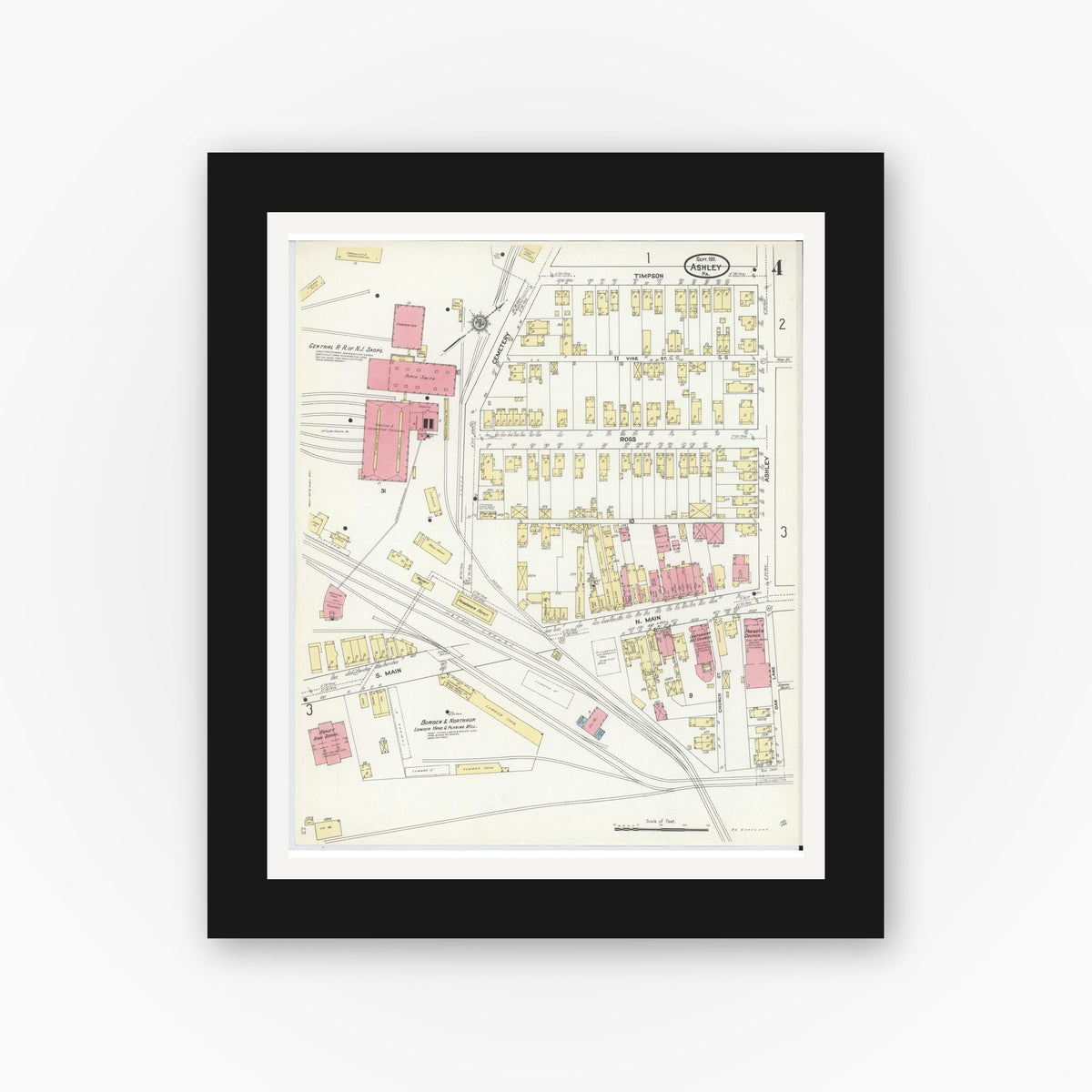 Old map wall art mockup — black gallery frame with white mat — Sanborn Fire Insurance Map from Ashley, Luzerne County, Pennsylvania (1911), Sheet #0004