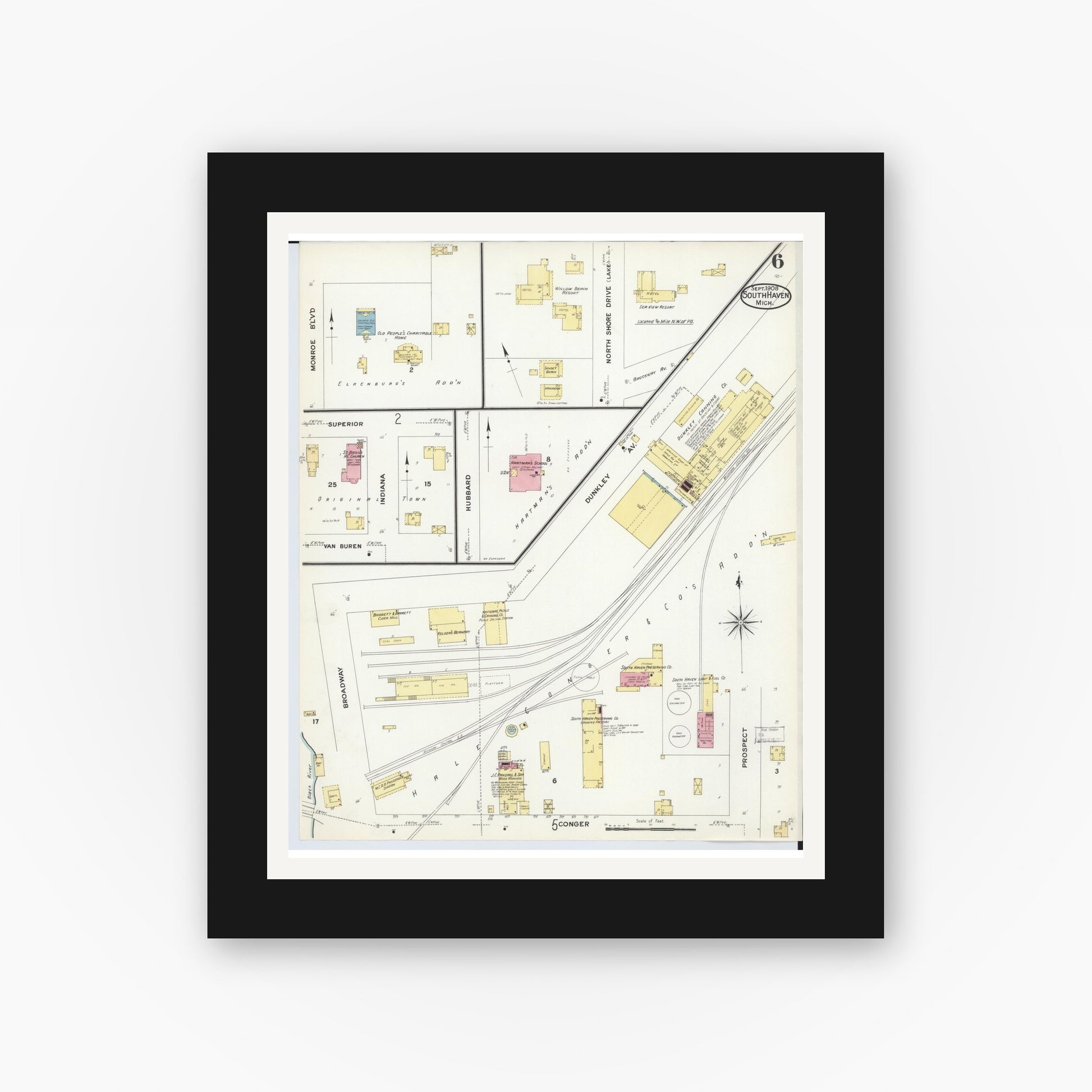 Old map wall art mockup — black gallery frame with white mat — Sanborn Fire Insurance Map from South Haven, Van Buren County, Michigan (1908), Sheet #0006