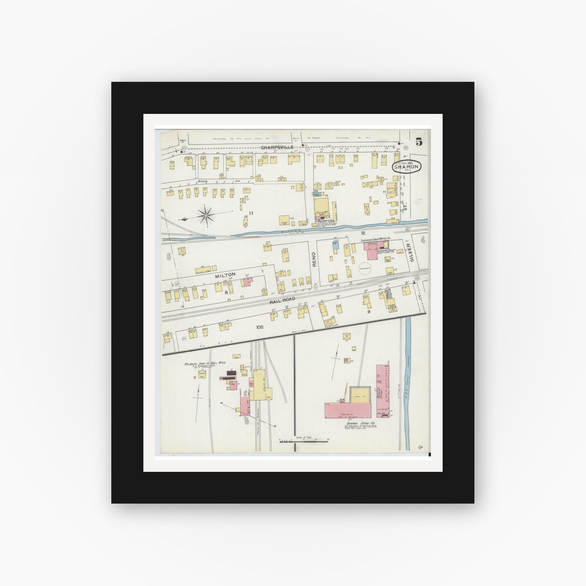 Old map wall art mockup — black gallery frame with white mat — Sanborn Fire Insurance Map from Sharon, Mercer County, Pennsylvania (1893), Sheet #0005