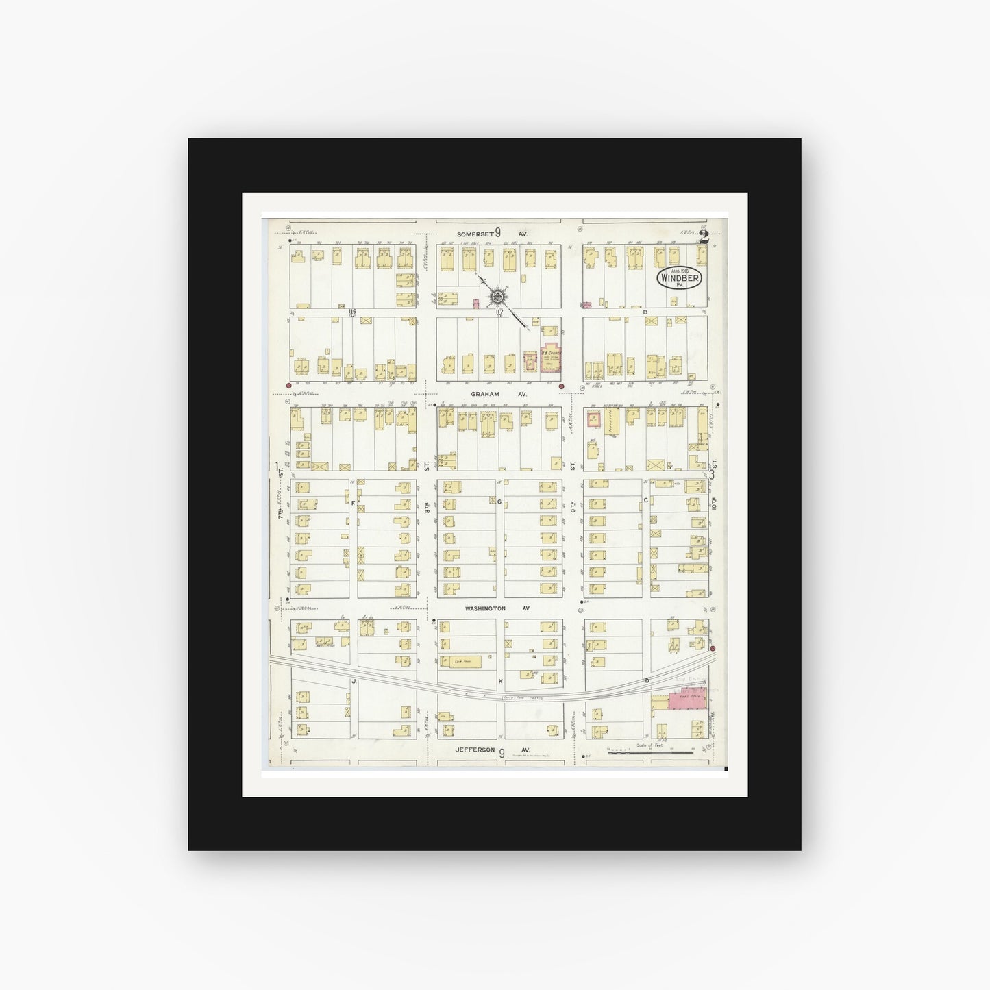 Old map wall art mockup — black gallery frame with white mat — Sanborn Fire Insurance Map from Windber, Somerset County, Pennsylvania (1916), Sheet #0002