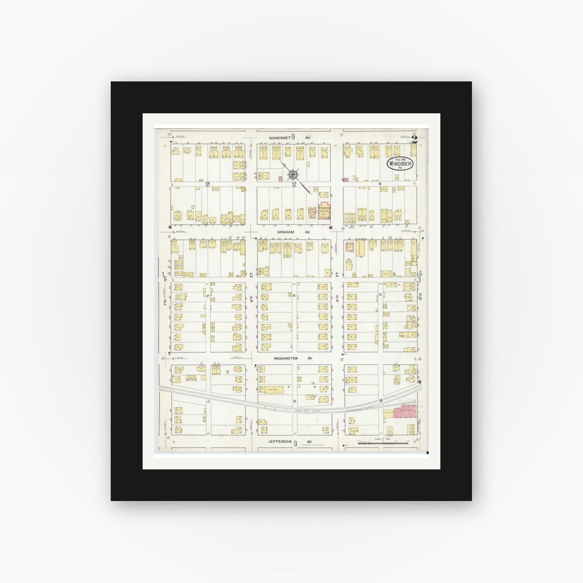 Old map wall art mockup — black gallery frame with white mat — Sanborn Fire Insurance Map from Windber, Somerset County, Pennsylvania (1916), Sheet #0002