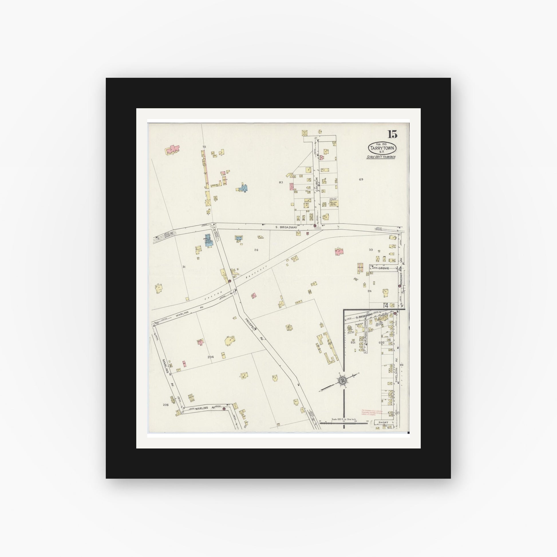 Old map wall art mockup — black gallery frame with white mat — Sanborn Fire Insurance Map from Tarrytown, Westchester County, New York (1915), Sheet #0015