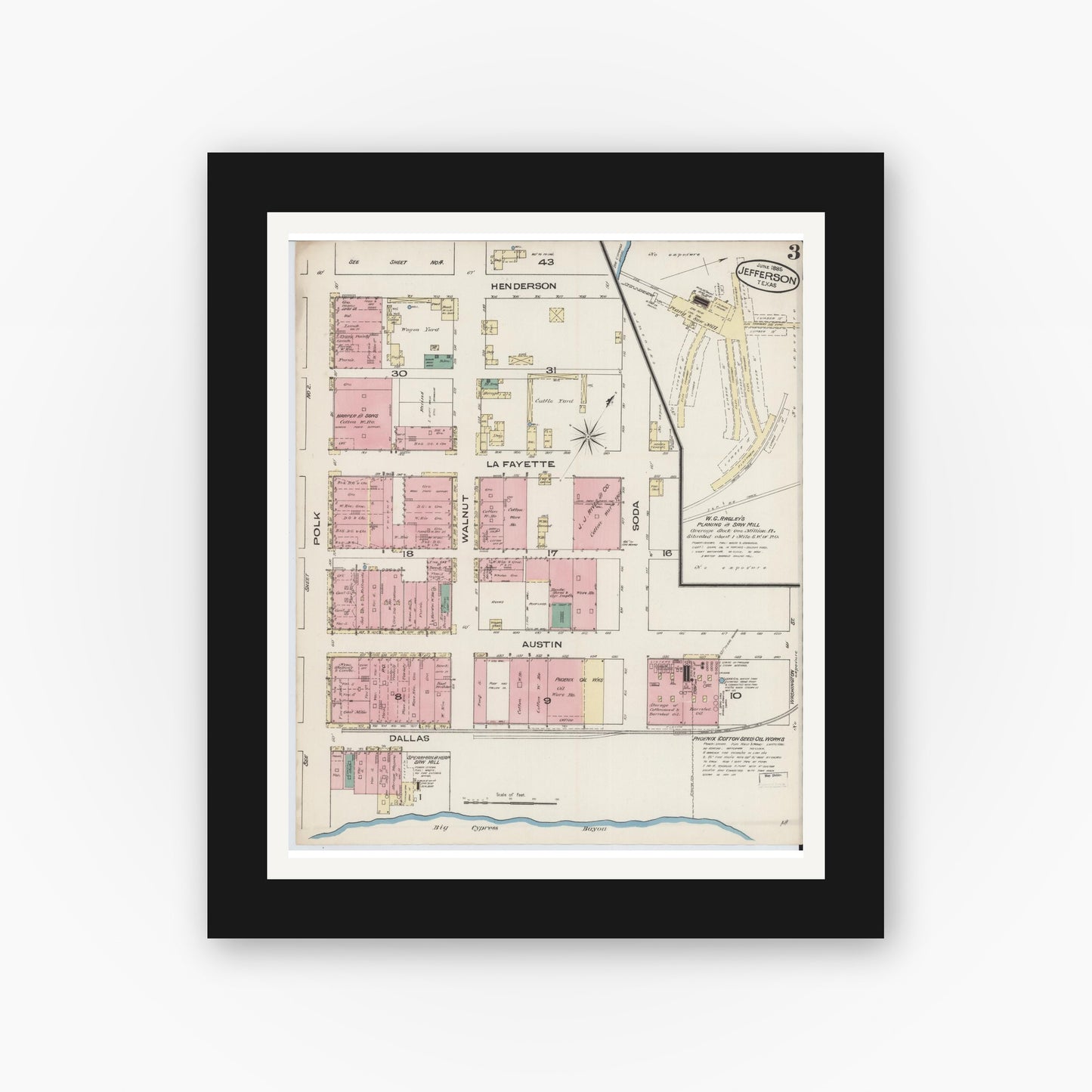 Old map wall art mockup — black gallery frame with white mat — Sanborn Fire Insurance Map from Jefferson, Marion County, Texas (1885), Sheet #0003