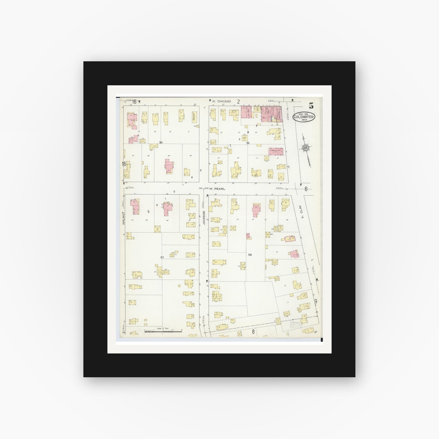 Old map wall art mockup — black gallery frame with white mat — Sanborn Fire Insurance Map from Coldwater, Branch County, Michigan (1914), Sheet #0005