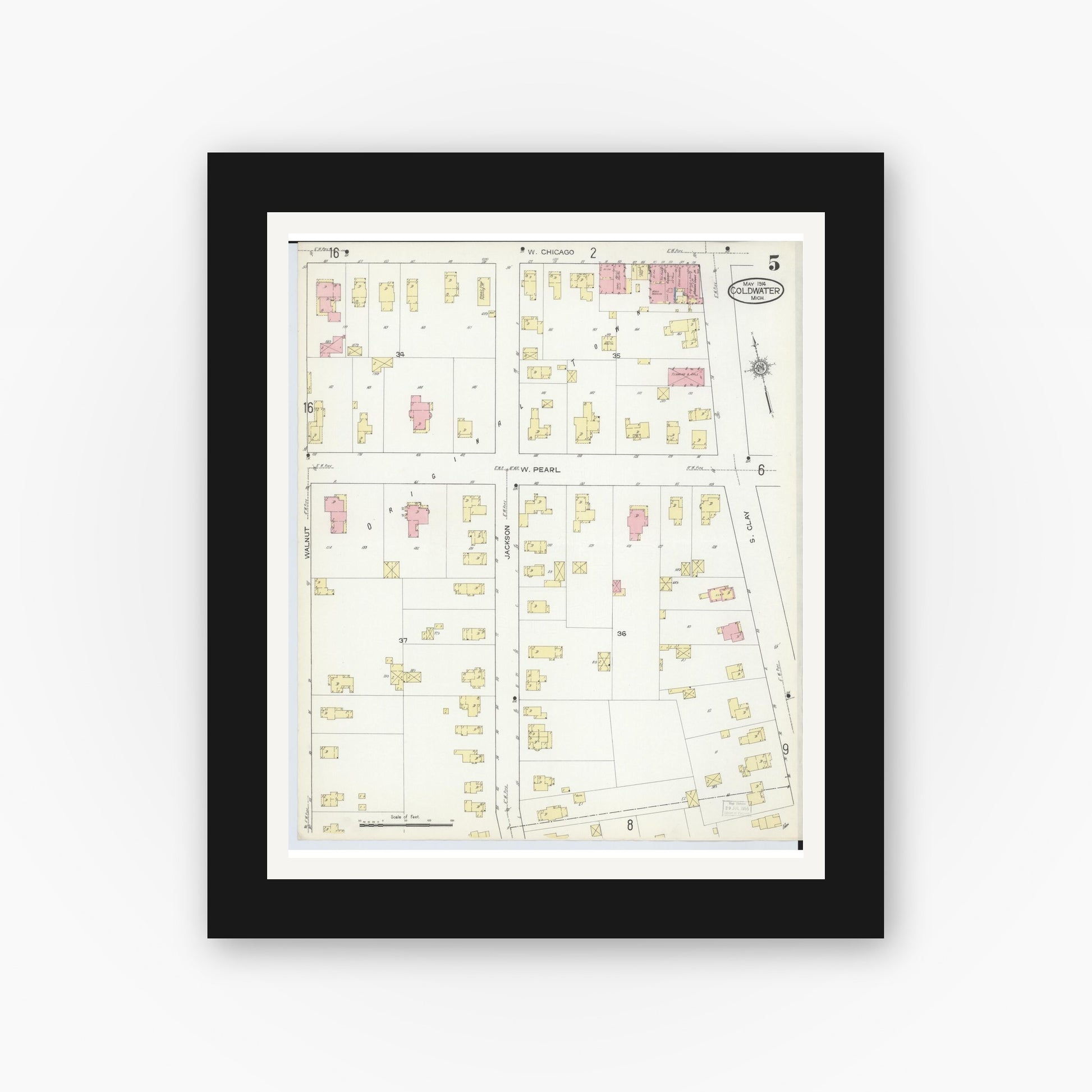 Old map wall art mockup — black gallery frame with white mat — Sanborn Fire Insurance Map from Coldwater, Branch County, Michigan (1914), Sheet #0005