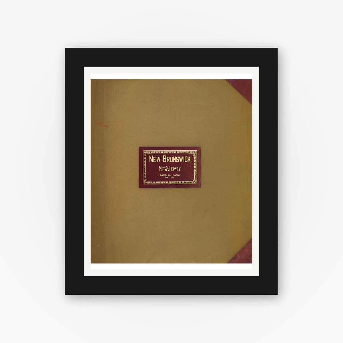 Old map wall art mockup — black gallery frame with white mat — Sanborn Fire Insurance Map from New Brunswick, Middlesex County, New Jersey (1950), Sheet #0001