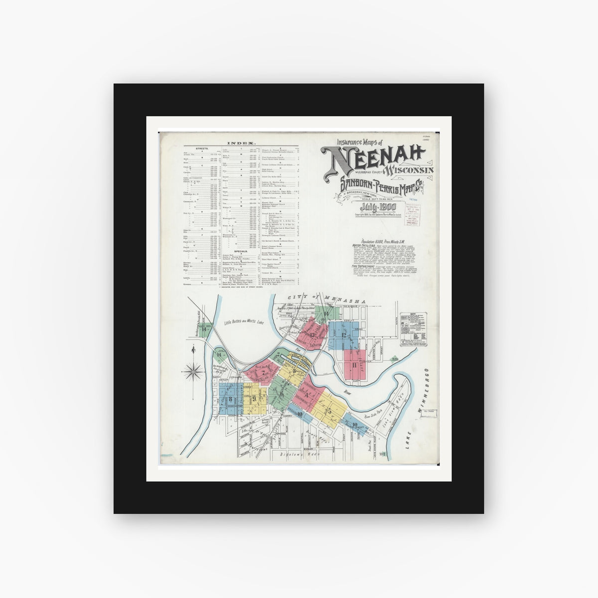 Old map wall art mockup — black gallery frame with white mat — Sanborn Fire Insurance Map from Neenah, Winnebago County, Wisconsin (1900), Sheet #0001
