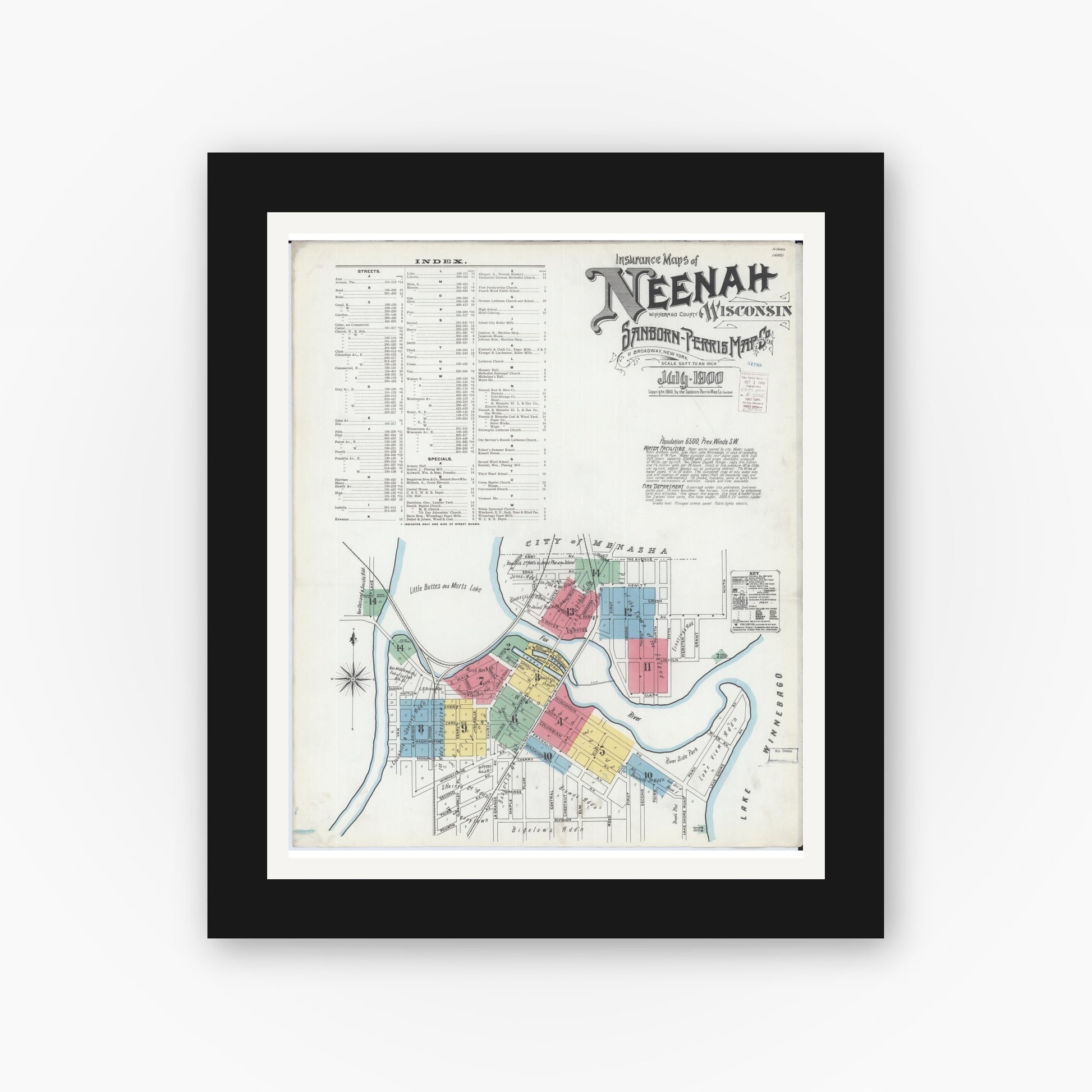 Old map wall art mockup — black gallery frame with white mat — Sanborn Fire Insurance Map from Neenah, Winnebago County, Wisconsin (1900), Sheet #0001