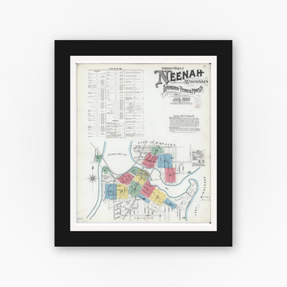 Old map wall art mockup — black gallery frame with white mat — Sanborn Fire Insurance Map from Neenah, Winnebago County, Wisconsin (1900), Sheet #0001