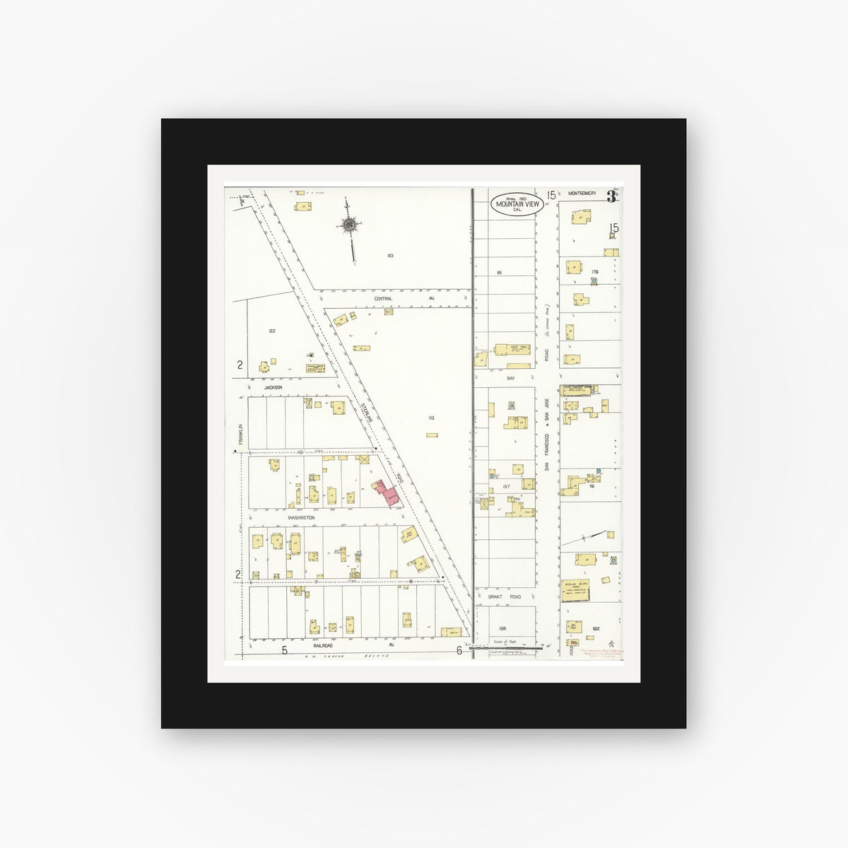 Old map wall art mockup — black gallery frame with white mat — Sanborn Fire Insurance Map from Mountain View, Santa Clara County, California (1921), Sheet #0003
