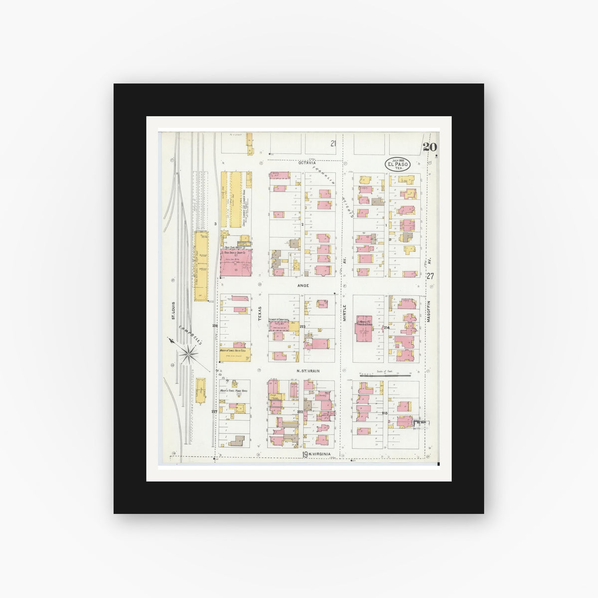 Old map wall art mockup — black gallery frame with white mat — Sanborn Fire Insurance Map from El Paso, El Paso County, Texas (1905), Sheet #0020