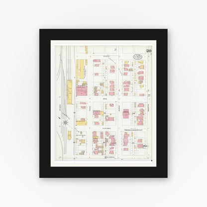 Old map wall art mockup — black gallery frame with white mat — Sanborn Fire Insurance Map from El Paso, El Paso County, Texas (1905), Sheet #0020