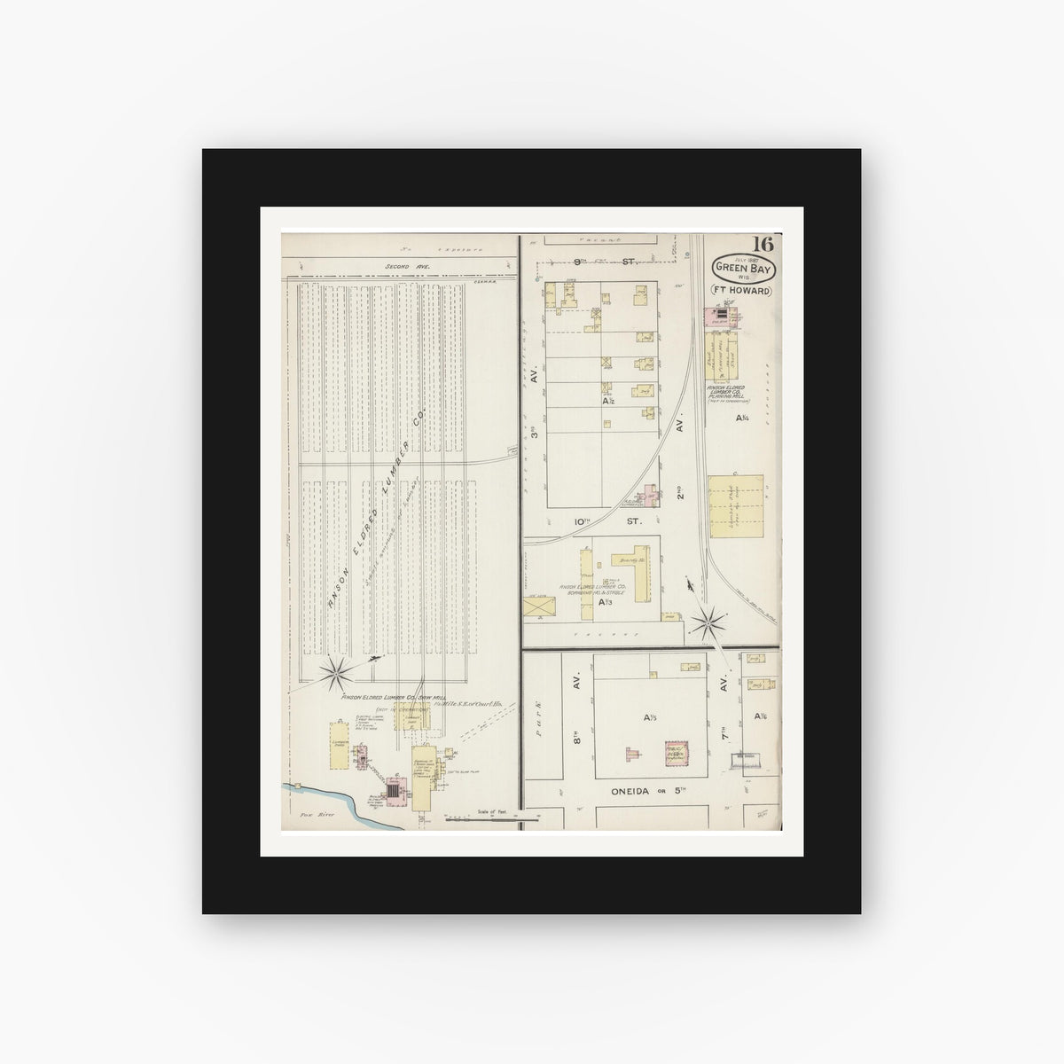 Old map wall art mockup — black gallery frame with white mat — Sanborn Fire Insurance Map from Green Bay, Brown County, Wisconsin (1887), Sheet #0016