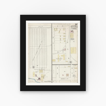 Old map wall art mockup — black gallery frame with white mat — Sanborn Fire Insurance Map from Green Bay, Brown County, Wisconsin (1887), Sheet #0016