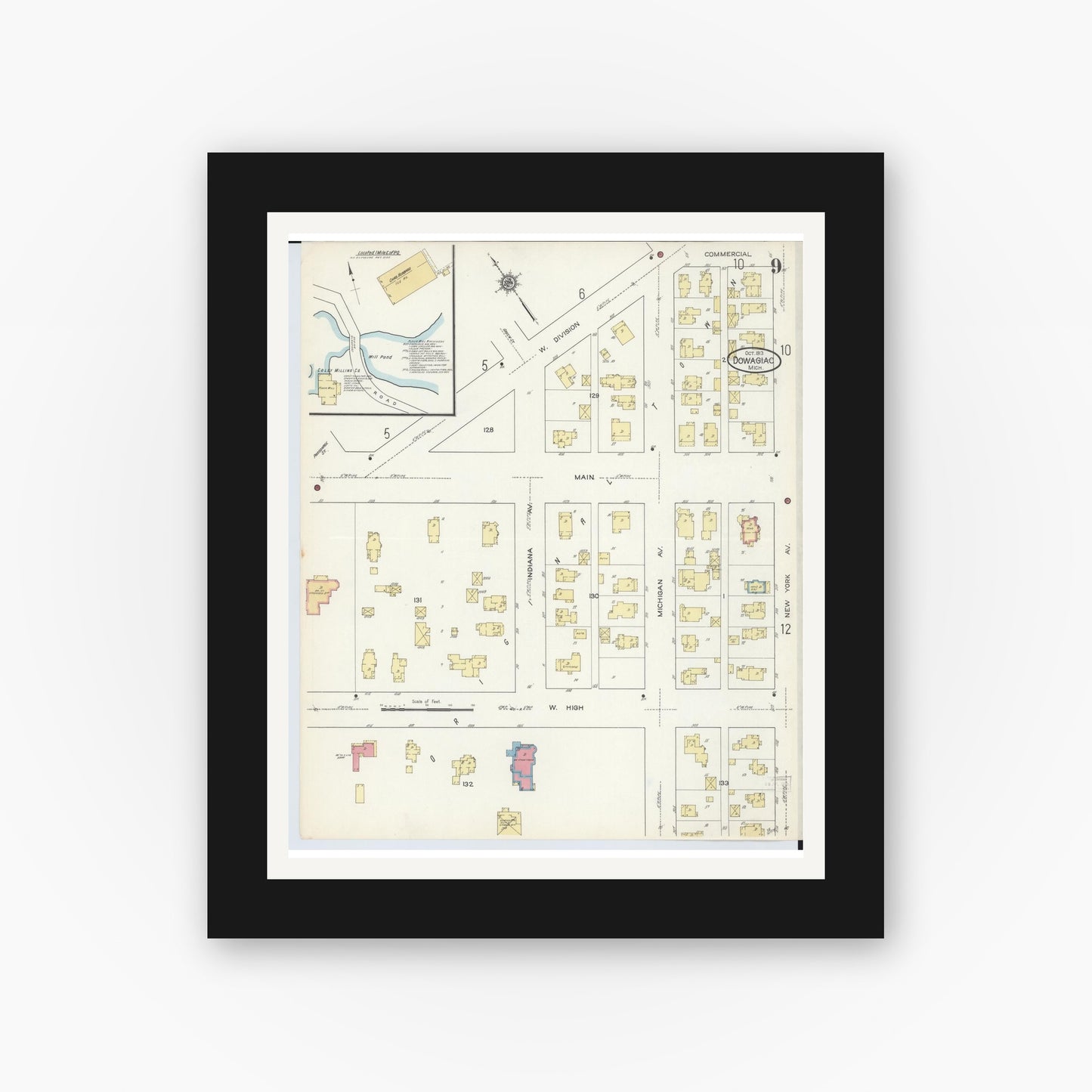 Old map wall art mockup — black gallery frame with white mat — Sanborn Fire Insurance Map from Dowagiac, Cass County, Michigan (1913), Sheet #0009