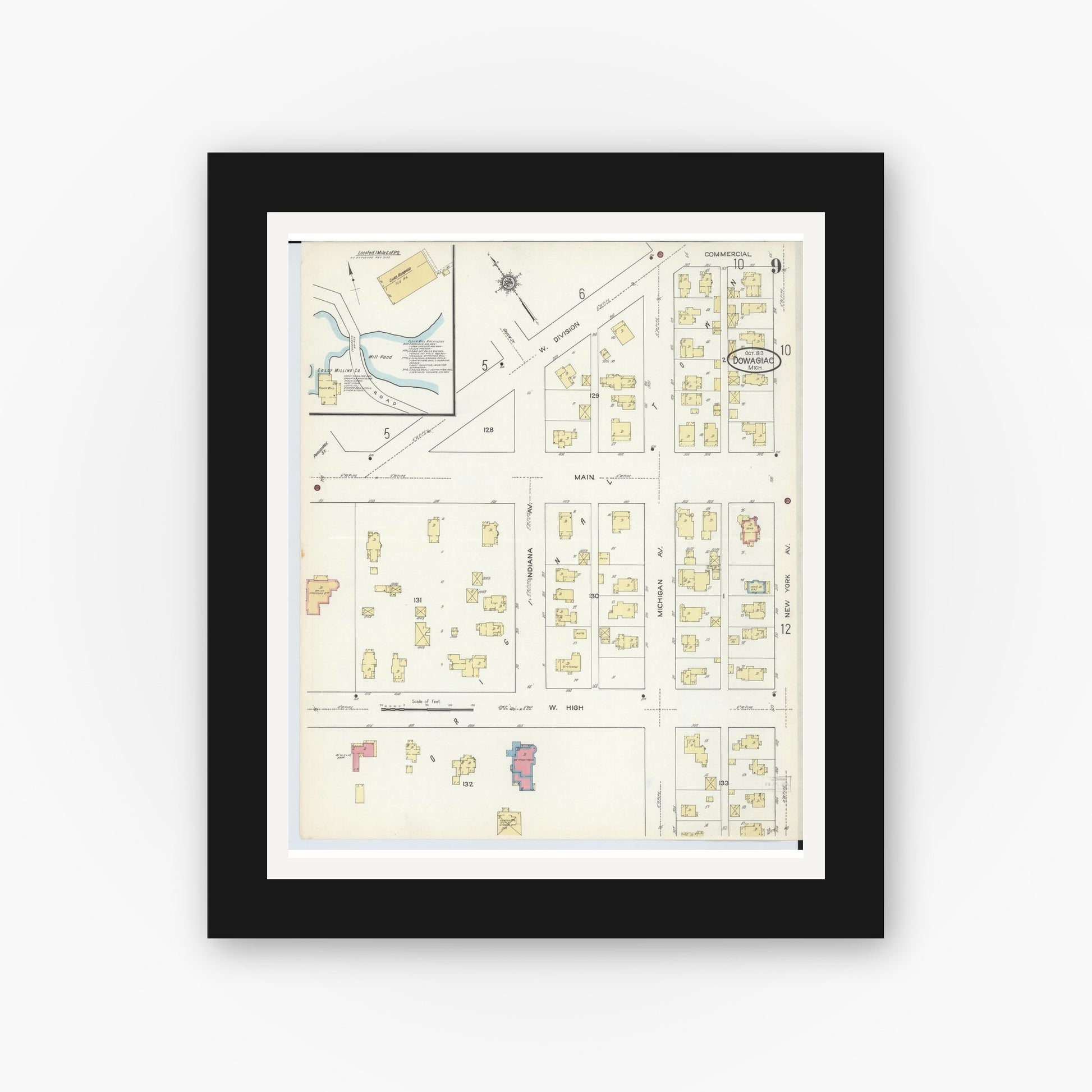 Old map wall art mockup — black gallery frame with white mat — Sanborn Fire Insurance Map from Dowagiac, Cass County, Michigan (1913), Sheet #0009