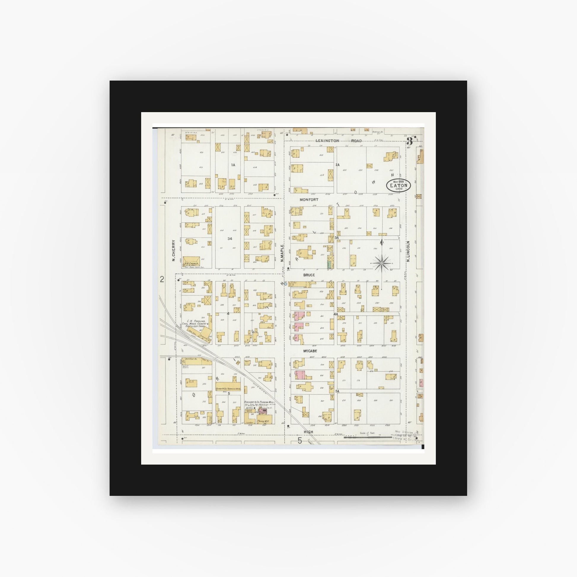 Old map wall art mockup — black gallery frame with white mat — Sanborn Fire Insurance Map from Eaton, Preble County, Ohio (1899), Sheet #0003