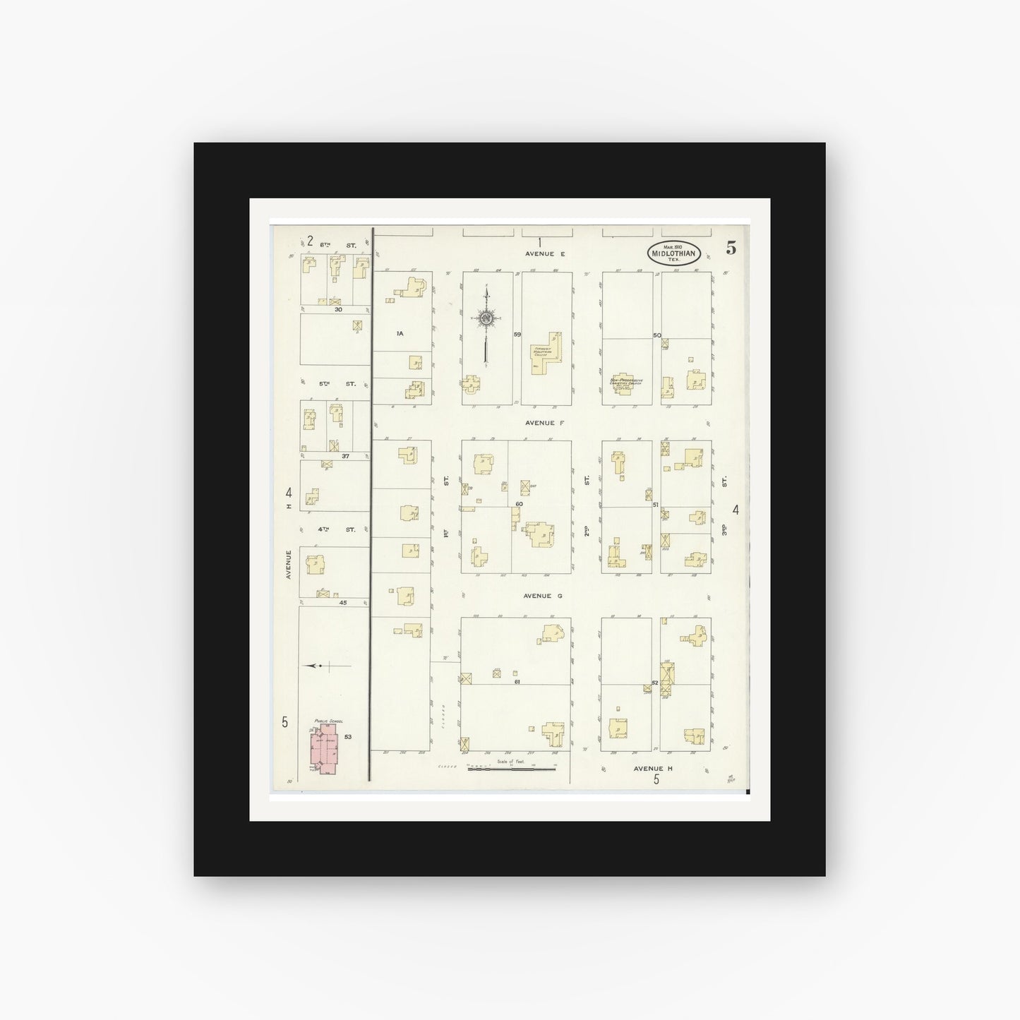 Old map wall art mockup — black gallery frame with white mat — Sanborn Fire Insurance Map from Midlothian, Ellis County, Texas (1910), Sheet #0005