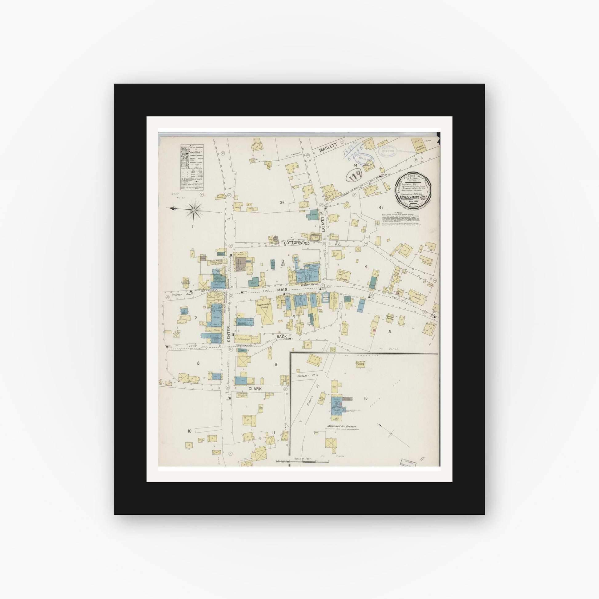 Old map wall art mockup — black gallery frame with white mat — Sanborn Fire Insurance Map from Mokelumne Hill, Calaveras County, California (1898), Sheet #0001