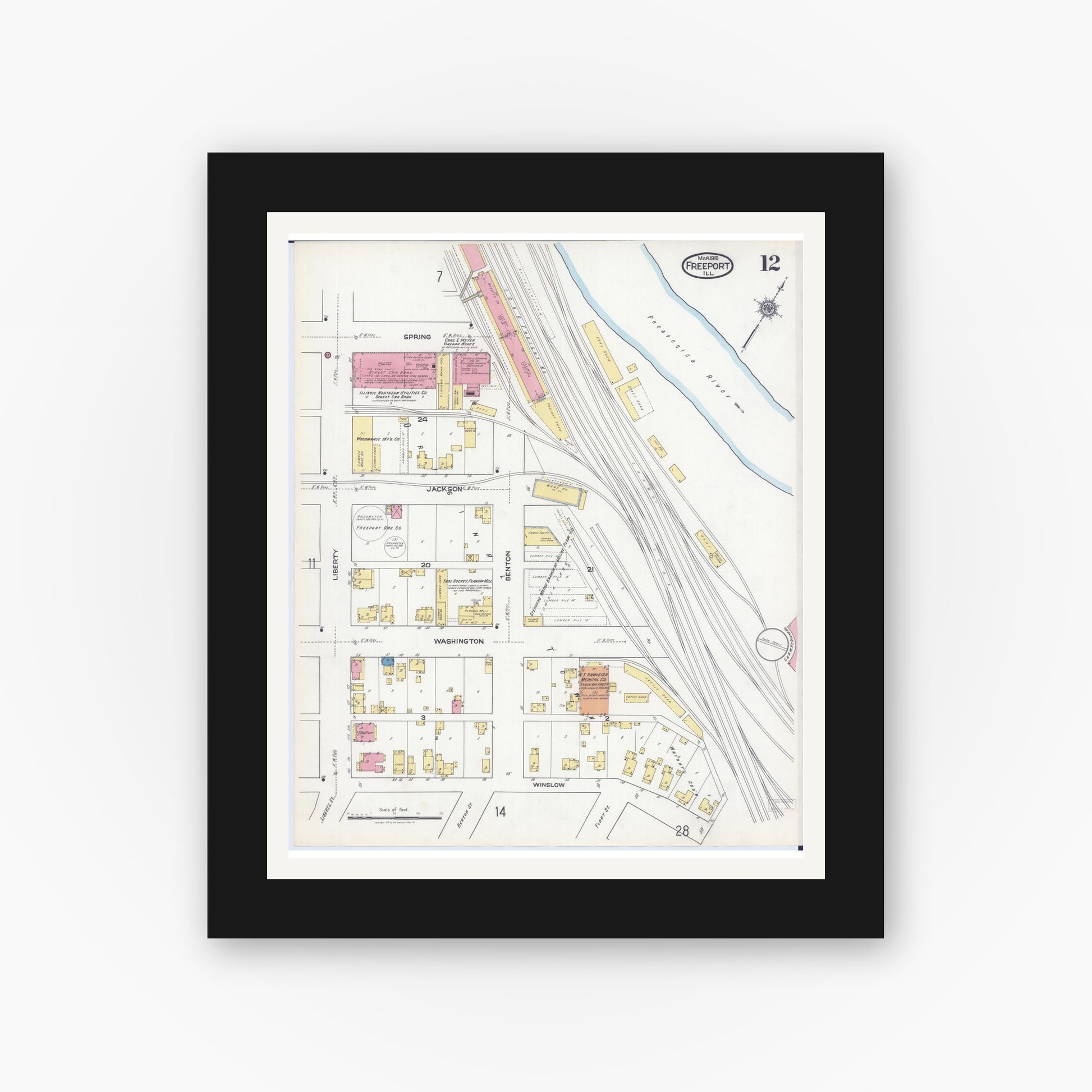 Old map wall art mockup — black gallery frame with white mat — Sanborn Fire Insurance Map from Freeport, Stephenson County, Illinois (1918), Sheet #0012