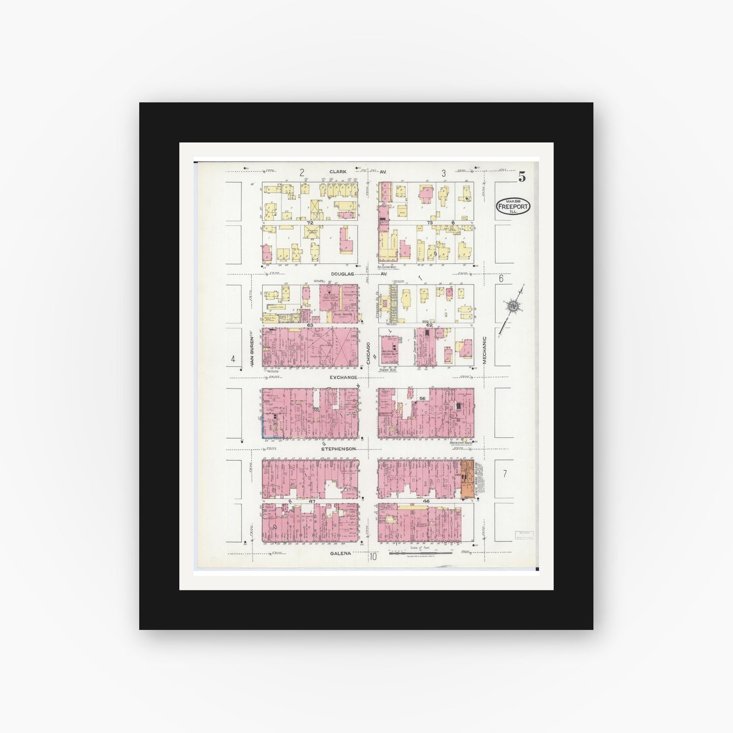 Old map wall art mockup — black gallery frame with white mat — Sanborn Fire Insurance Map from Freeport, Stephenson County, Illinois (1918), Sheet #0005
