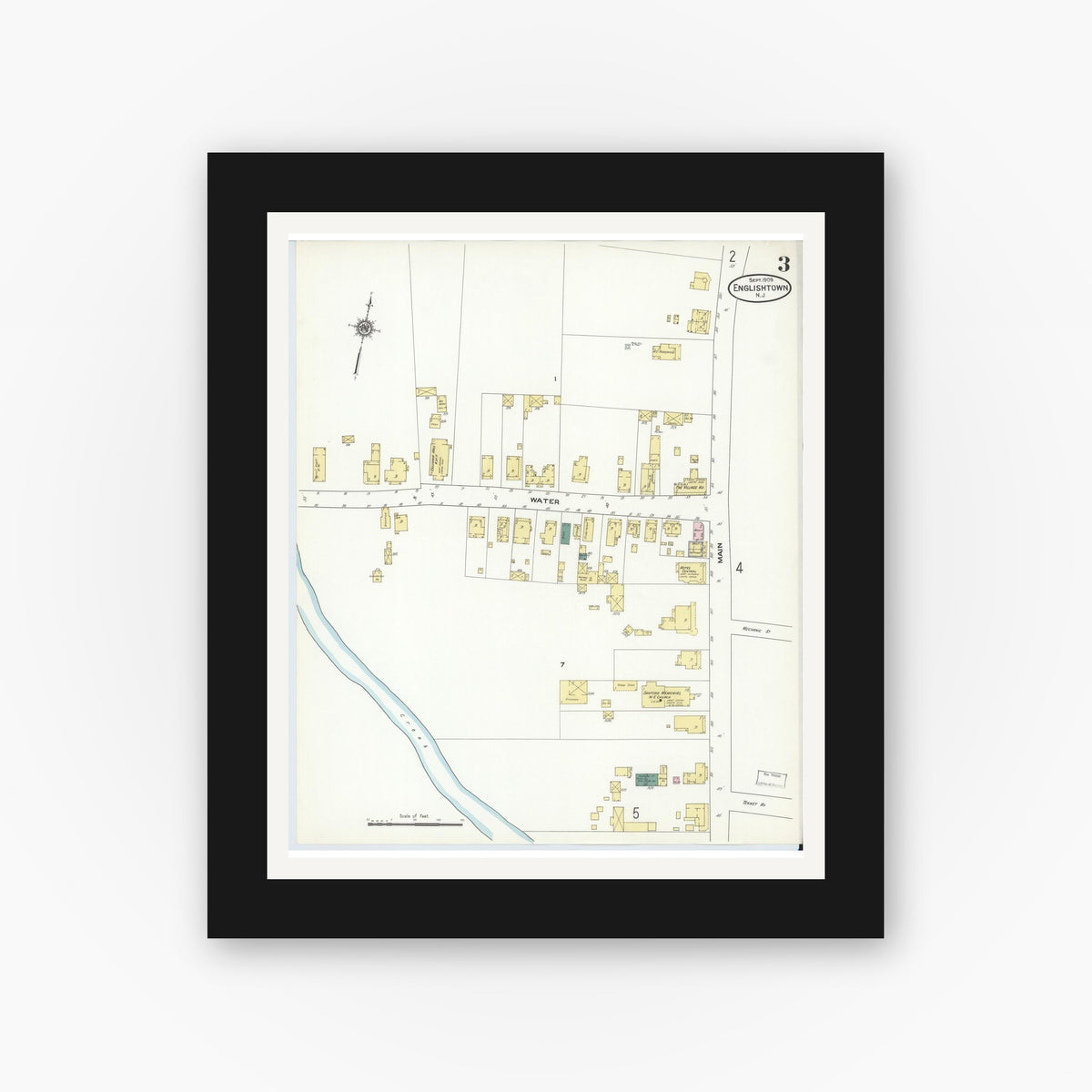 Old map wall art mockup — black gallery frame with white mat — Sanborn Fire Insurance Map from Englishtown, Monmouth County, New Jersey (1909), Sheet #0003
