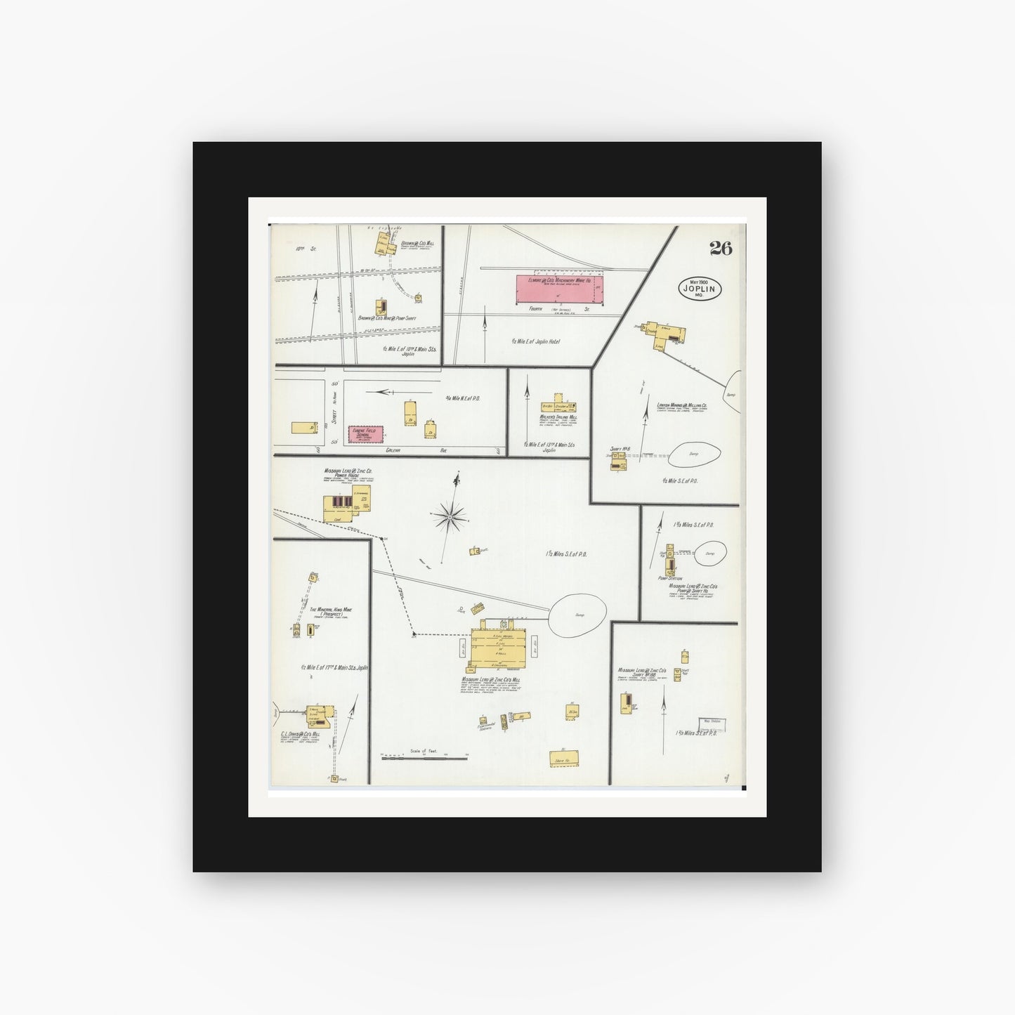 Old map wall art mockup — black gallery frame with white mat — Sanborn Fire Insurance Map from Joplin, Jasper County, Missouri (1900), Sheet #0026