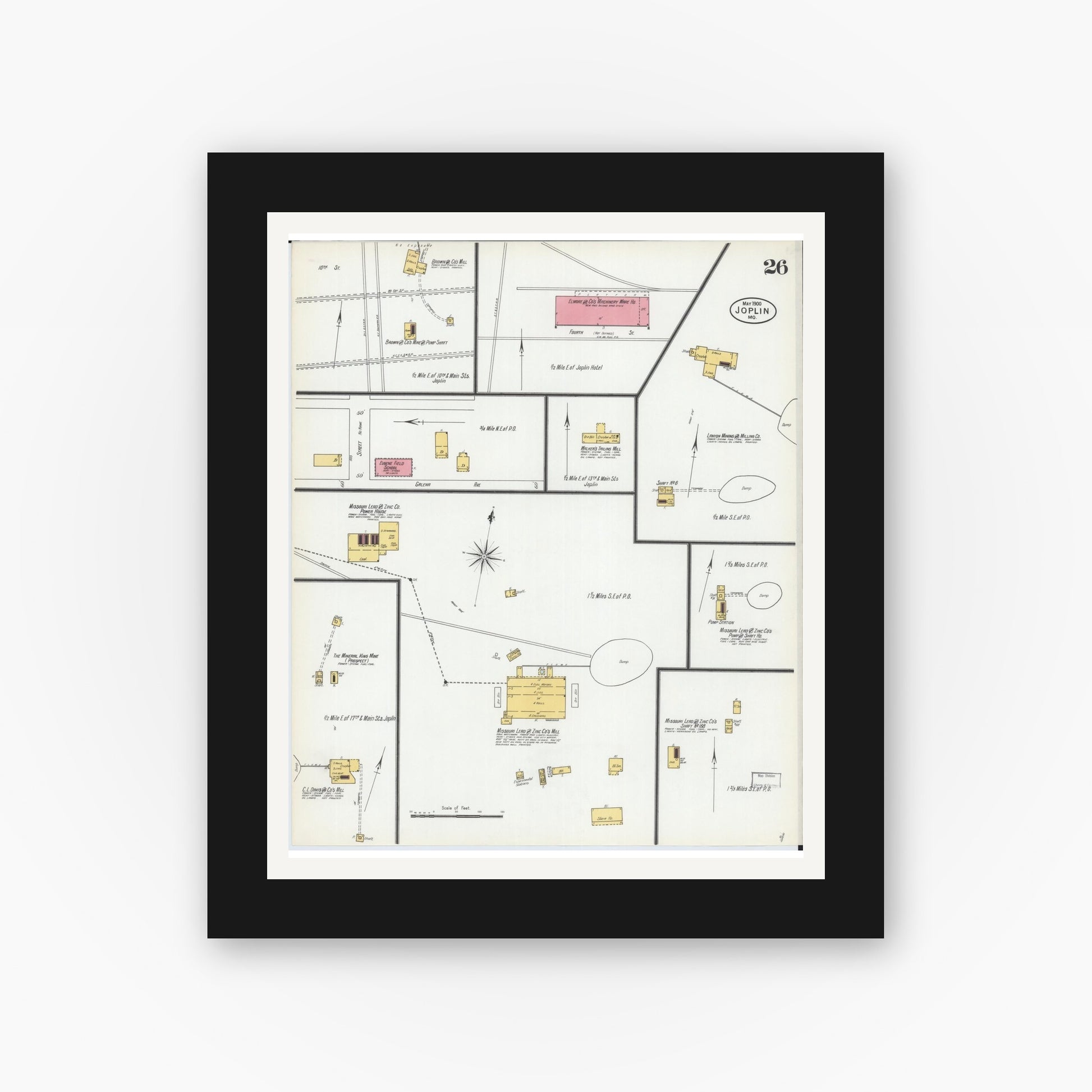Old map wall art mockup — black gallery frame with white mat — Sanborn Fire Insurance Map from Joplin, Jasper County, Missouri (1900), Sheet #0026