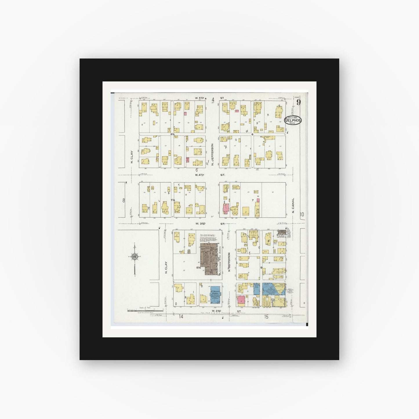 Old map wall art mockup — black gallery frame with white mat — Sanborn Fire Insurance Map from Delphos, Van Wert And Allen Counties, Ohio (1921), Sheet #0009