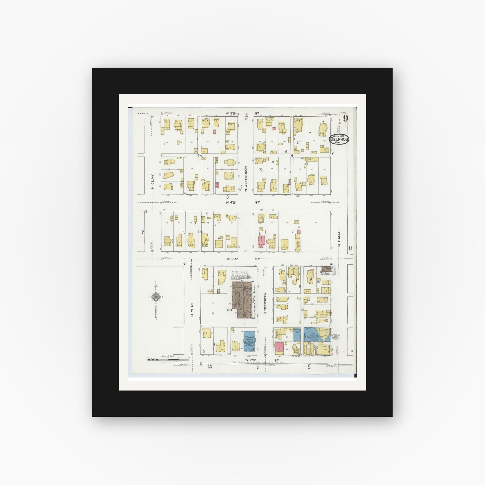 Old map wall art mockup — black gallery frame with white mat — Sanborn Fire Insurance Map from Delphos, Van Wert And Allen Counties, Ohio (1921), Sheet #0009