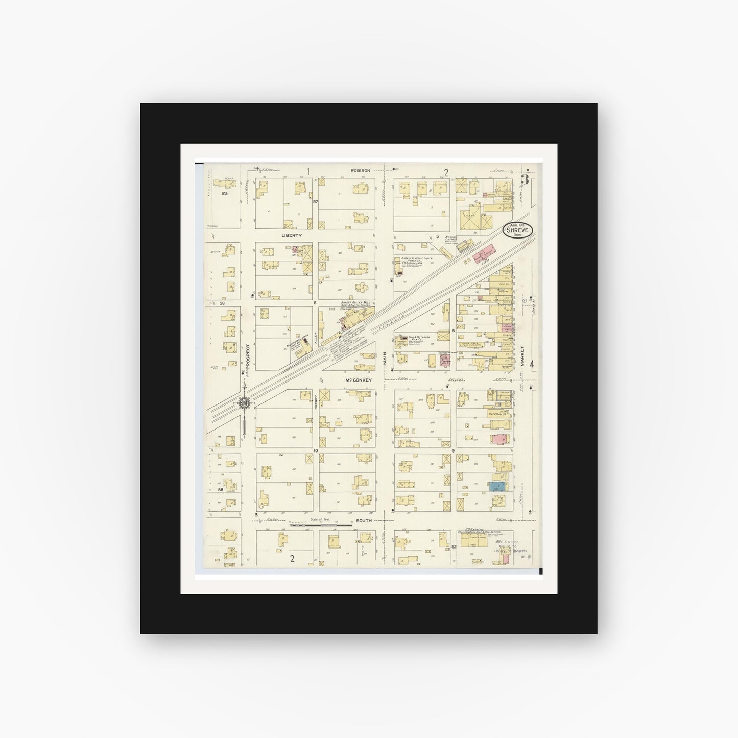Old map wall art mockup — black gallery frame with white mat — Sanborn Fire Insurance Map from Shreve, Wayne County, Ohio (1913), Sheet #0003