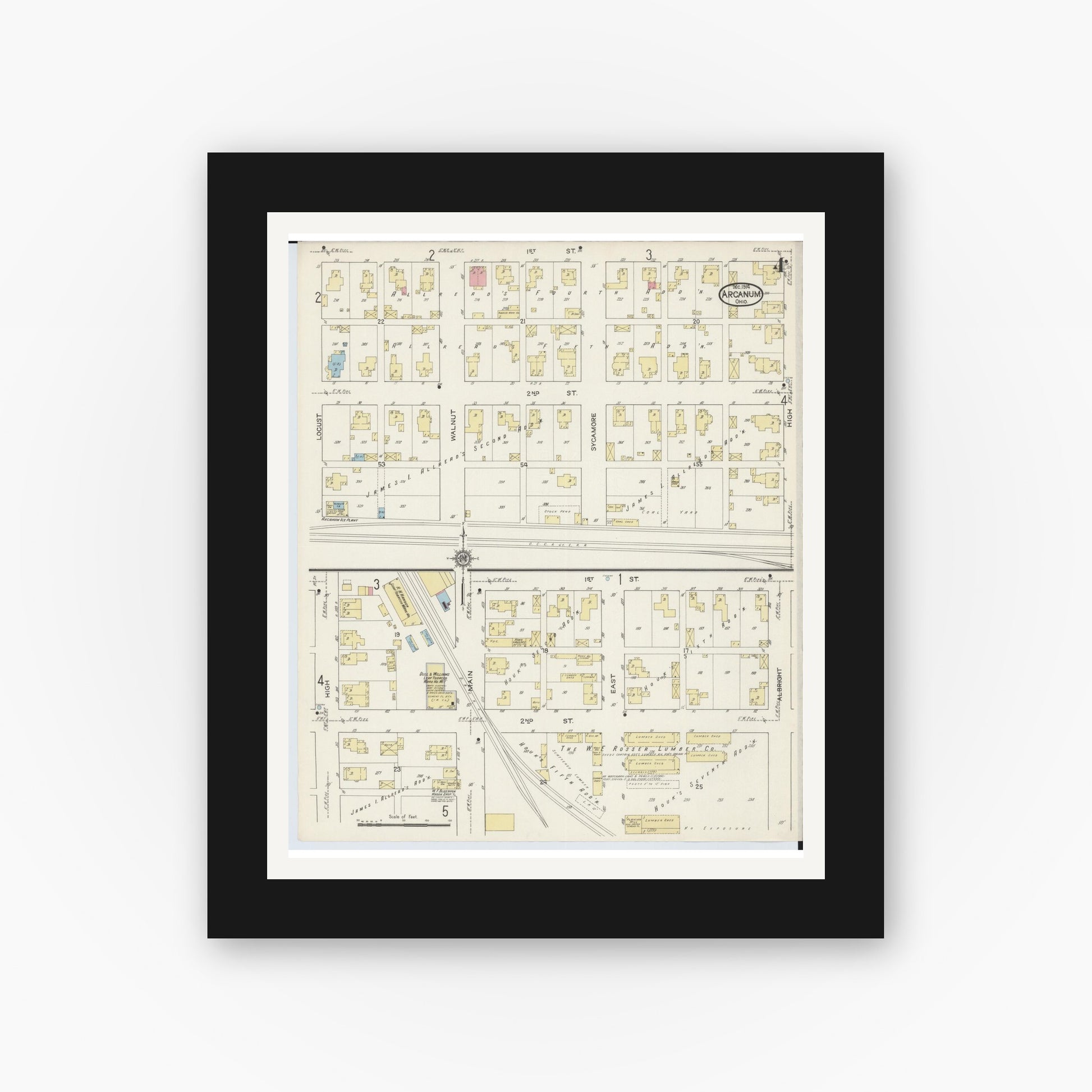 Old map wall art mockup — black gallery frame with white mat — Sanborn Fire Insurance Map from Arcanum, Darke County, Ohio (1914), Sheet #0004