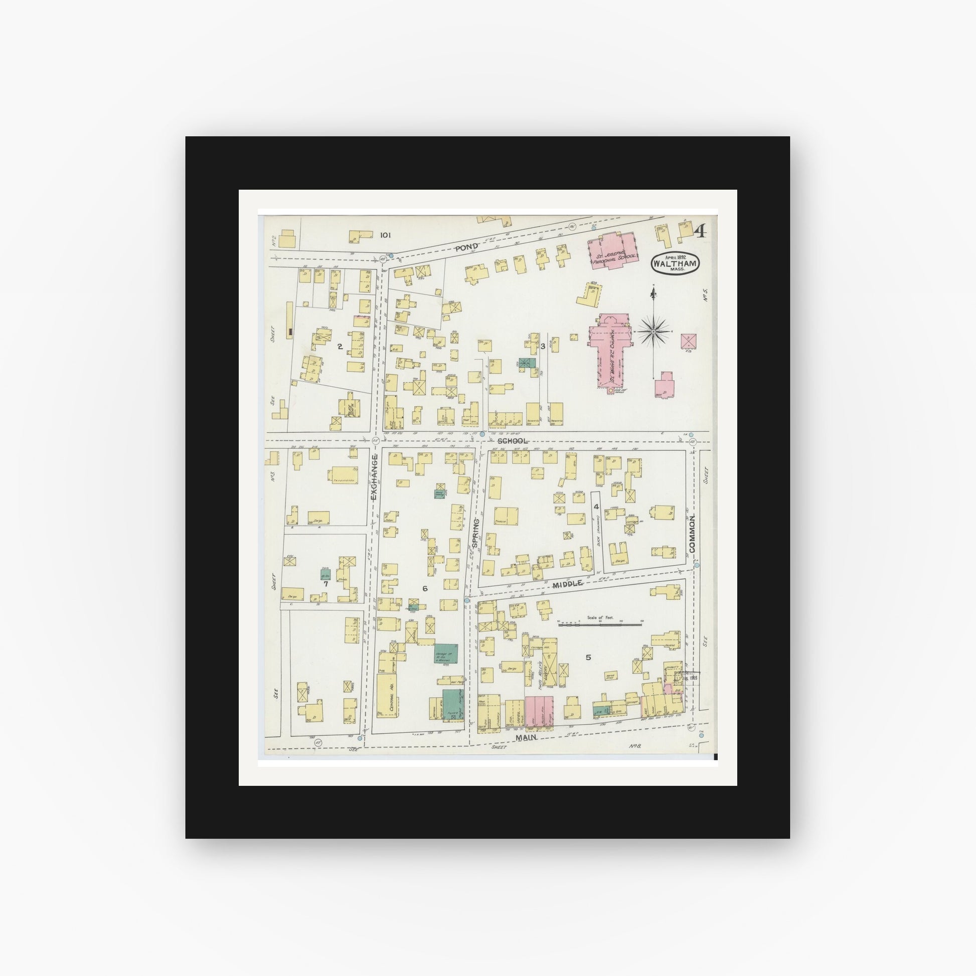 Old map wall art mockup — black gallery frame with white mat — Sanborn Fire Insurance Map from Waltham, Middlesex County, Massachusetts (1892), Sheet #0004