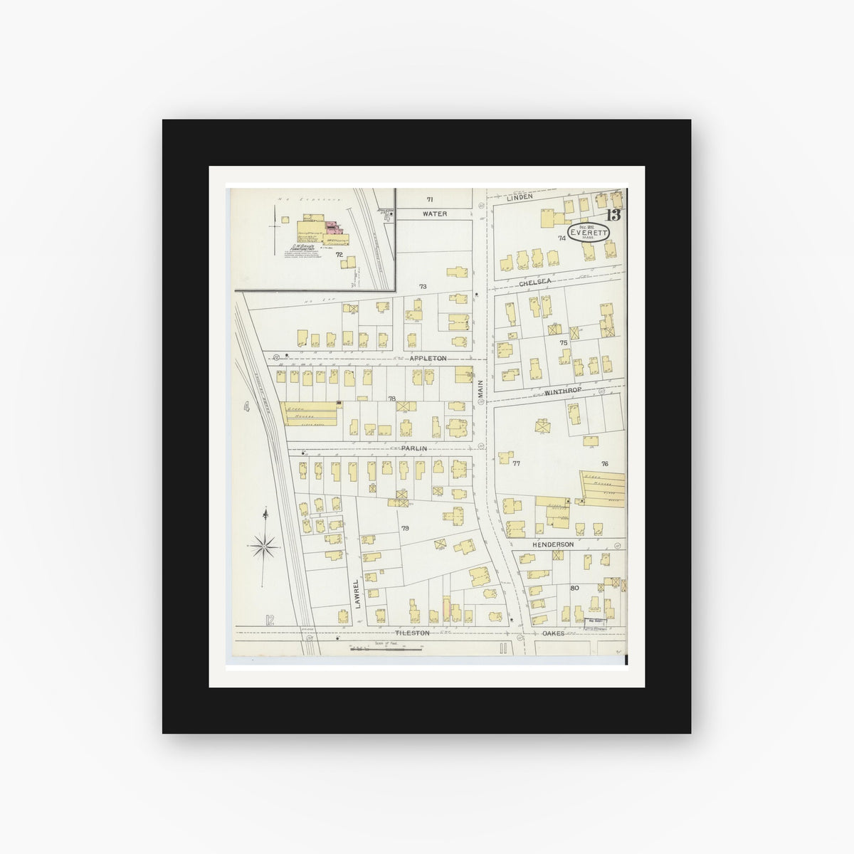 Old map wall art mockup — black gallery frame with white mat — Sanborn Fire Insurance Map from Everett, Middlesex County, Massachusetts (1892), Sheet #0013