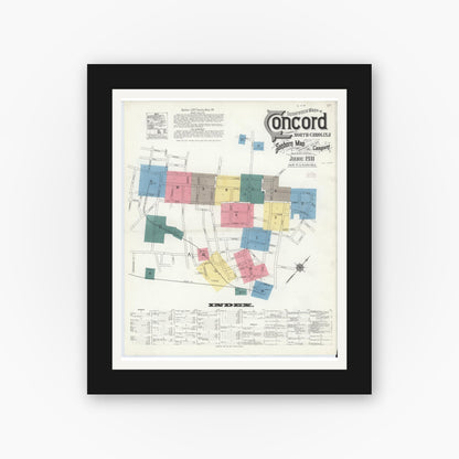 Old map wall art mockup — black gallery frame with white mat — Sanborn Fire Insurance Map from Concord, Cabarrus County, North Carolina (1911) - Complete Map Set