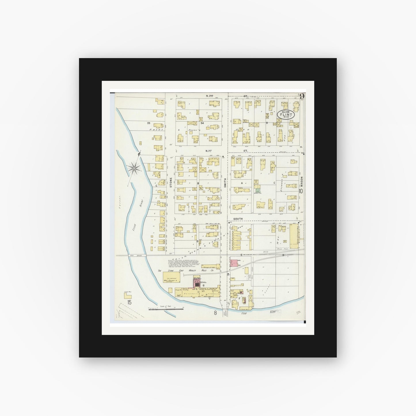 Old map wall art mockup — black gallery frame with white mat — Sanborn Fire Insurance Map from Flint, Genesee County, Michigan (1898), Sheet #0009
