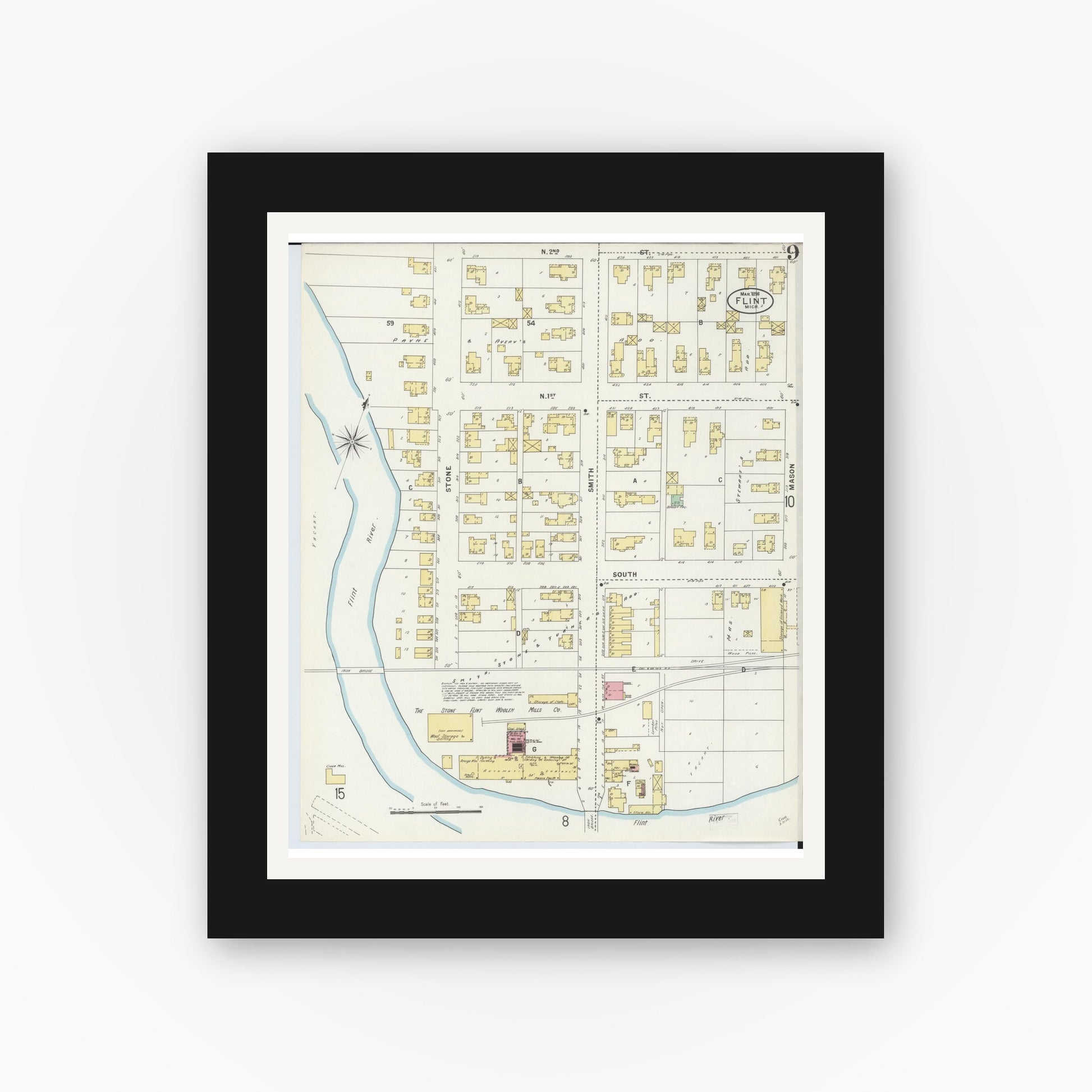 Old map wall art mockup — black gallery frame with white mat — Sanborn Fire Insurance Map from Flint, Genesee County, Michigan (1898), Sheet #0009