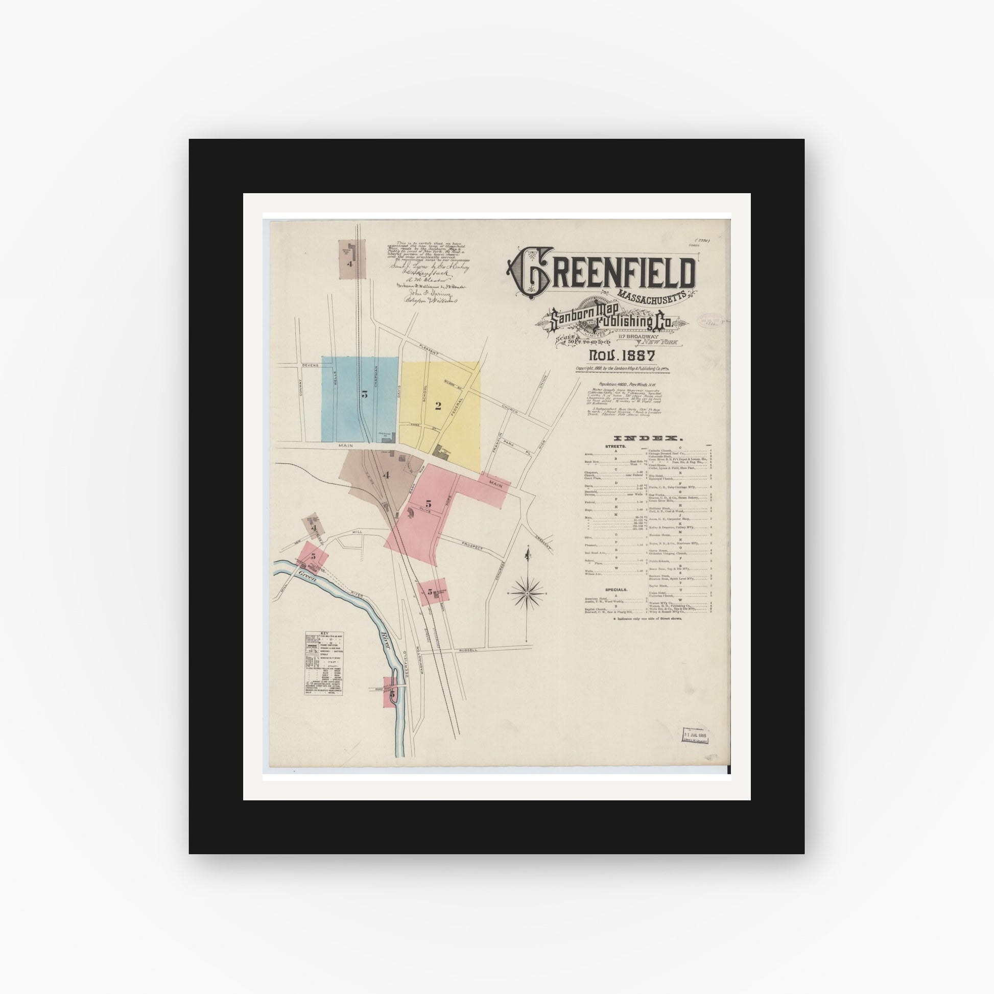 Old map wall art mockup — black gallery frame with white mat — Sanborn Fire Insurance Map from Greenfield, Franklin County, Massachusetts (1887), Sheet #0001