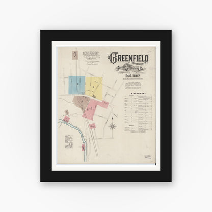 Old map wall art mockup — black gallery frame with white mat — Sanborn Fire Insurance Map from Greenfield, Franklin County, Massachusetts (1887), Sheet #0001