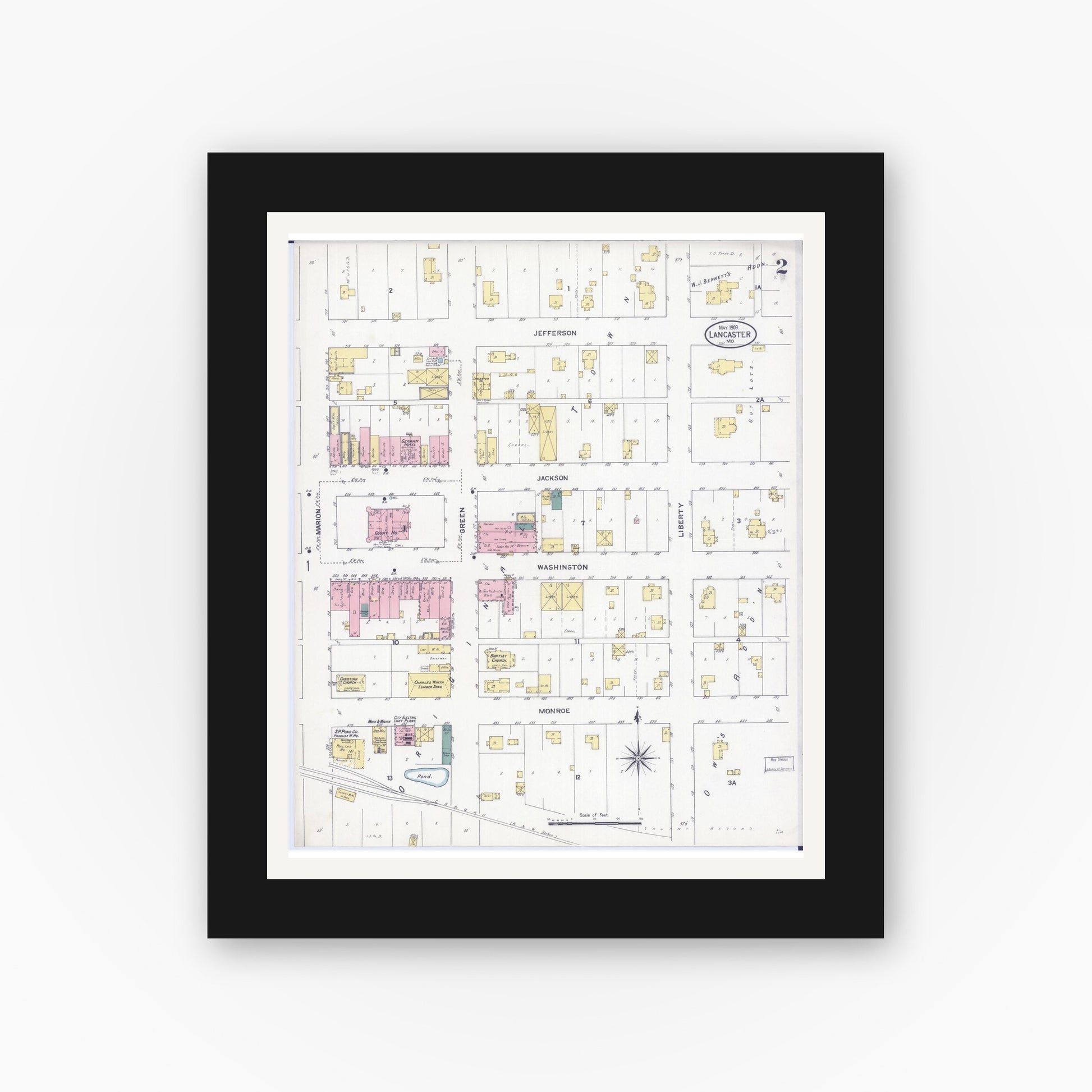 Old map wall art mockup — black gallery frame with white mat — Sanborn Fire Insurance Map from Lancaster, Schuyler County, Missouri (1909), Sheet #0002
