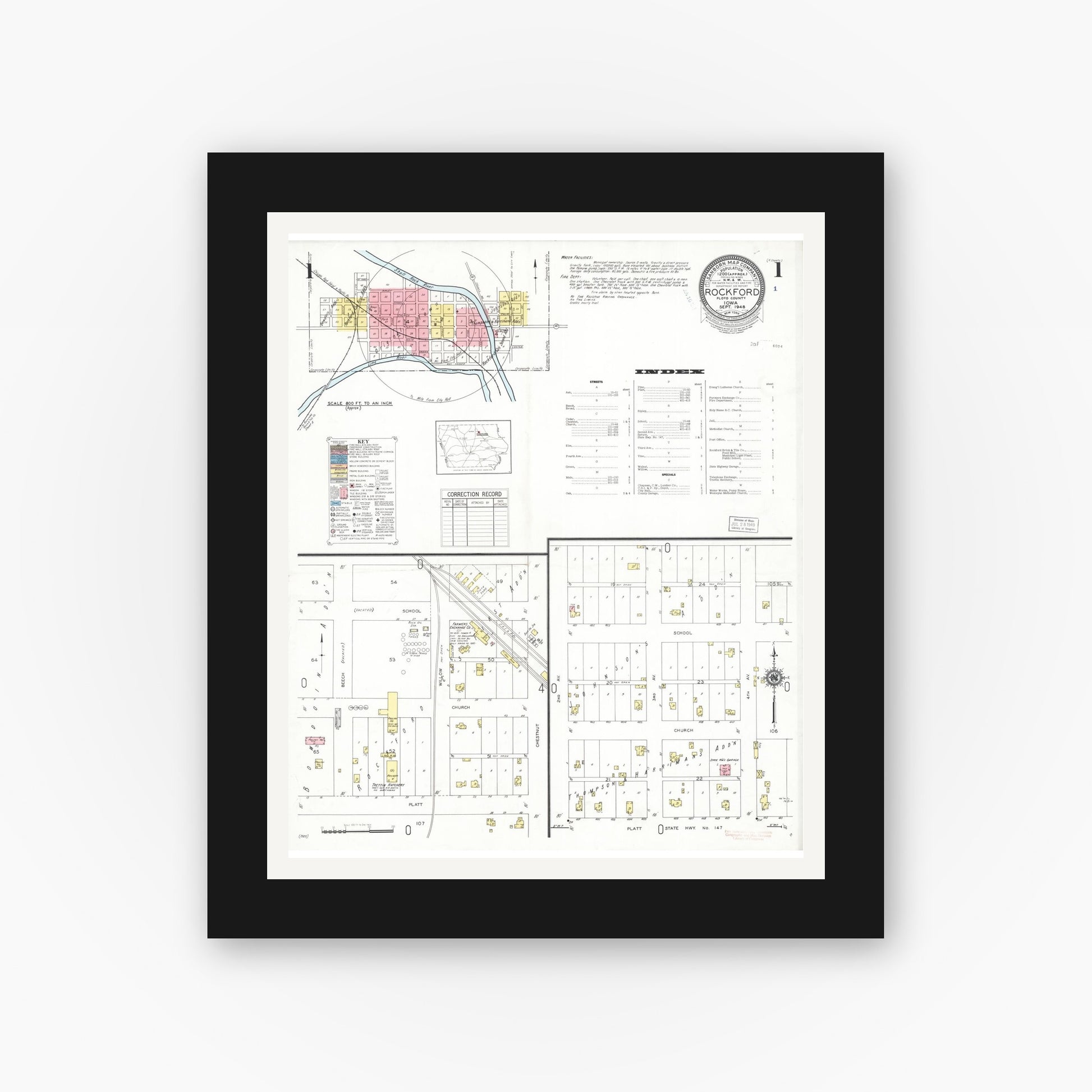 Old map wall art mockup — black gallery frame with white mat — Sanborn Fire Insurance Map from Rockford, Floyd County, Iowa (1948) â€” Complete Set