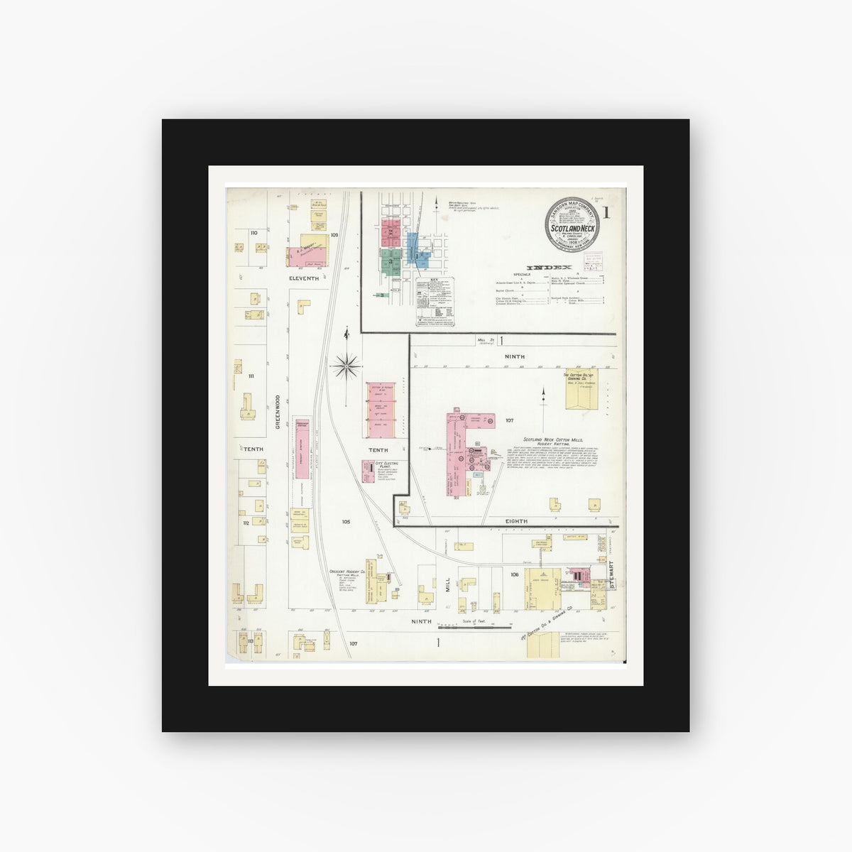 Old map wall art mockup — black gallery frame with white mat — Sanborn Fire Insurance Map from Scotland Neck, Halifax County, North Carolina (1908) - Complete Map Set